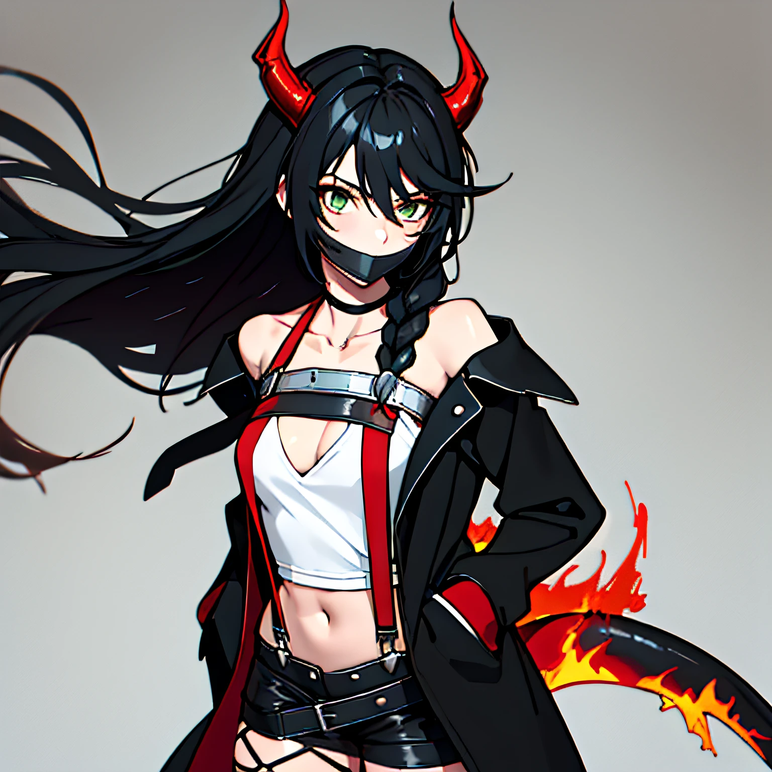 (absurdres, 8k, 4k, masterpiece, hyper extreme detailed:1.2), solo, 1girl, front view, perfect face, 1girl, portrait, expressive eyes, looking at viewer, solo, green eyes, standing, mature female, small chest, pale, long black hair, groan, casual wear, adult, looking forward, front view, black horns, confident, cautious, rational, messy hair, wind, windy, moving hair, moving clothes, swept bangs, front view, unyielding, mature body, tomboy, dragon tail, adult, black nails, wild hair, velvet crowe, scars, fatigue, Black Demonic Horns, Dragon Horns, Dragon Tail, fire, long skirt, hands in pockets, white shirt black letters, exposed shoulder, shoulder strap, suspenders, velvet crowe, velvet-outfit, chest harness, black horns, fire, fiery clothing, black ropes, black tape, tape gag, wrists tied in front, tied wrists, collar,