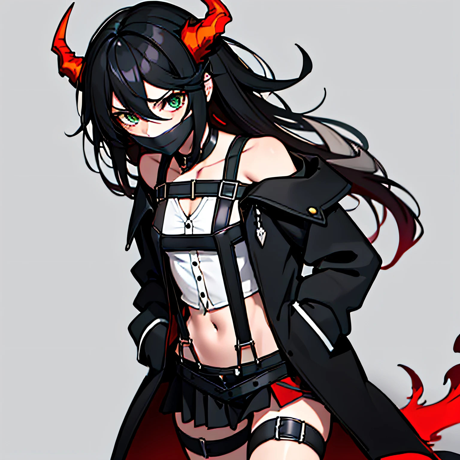 (absurdres, 8k, 4k, masterpiece, hyper extreme detailed:1.2), solo, 1girl, front view, perfect face, 1girl, portrait, expressive eyes, looking at viewer, solo, green eyes, standing, mature female, small chest, pale, long black hair, groan, casual wear, adult, looking forward, front view, black horns, confident, cautious, rational, messy hair, wind, windy, moving hair, moving clothes, swept bangs, front view, unyielding, mature body, tomboy, dragon tail, adult, black nails, wild hair, velvet crowe, scars, fatigue, Black Demonic Horns, Dragon Horns, Dragon Tail, fire, long skirt, hands in pockets, white shirt black letters, exposed shoulder, shoulder strap, suspenders, velvet crowe, velvet-outfit, chest harness, black horns, fire, fiery clothing, black ropes, black tape, tape gag, wrists tied in front, tied wrists, collar,