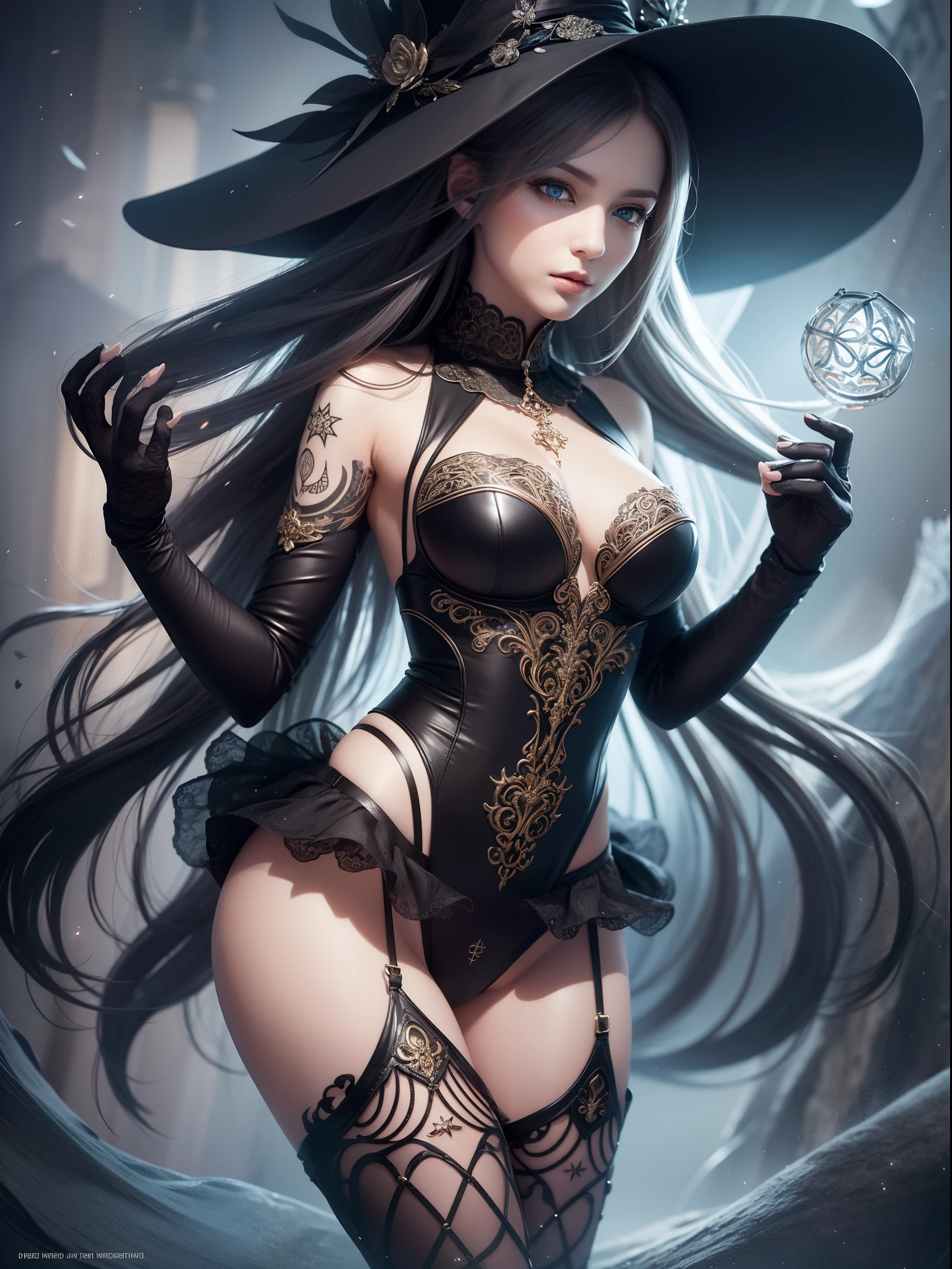 (highest quality))), ((masterpiece)), ((intricate details)), 32k, Sharpness, Highly detailed CG, Perfect artwork, meticulous and detailed detail, Wind Manipulation: 1.2, Light manipulation, Fantastic art, magic, Bold, (Dynamic poses), Tattoos of runes: 1.0, Perfect female figure, constricted waist, very delicate and beautiful, best quality, beautiful detailed girlWitch: 1.4, Witch Costume without Exposure: 1.2, Witch Boots: 1.2, Witch Boots: 1.2, (Detailed Beautiful Delicate Face, Detailed Beautiful Delicate Eyes, Face) Perfect proportions, Detailed skin, Detailed skin, Geometric pattern background: 1.1, Magic circle: 1.1, Depth, Composition in which her whole body is visible: 1.4