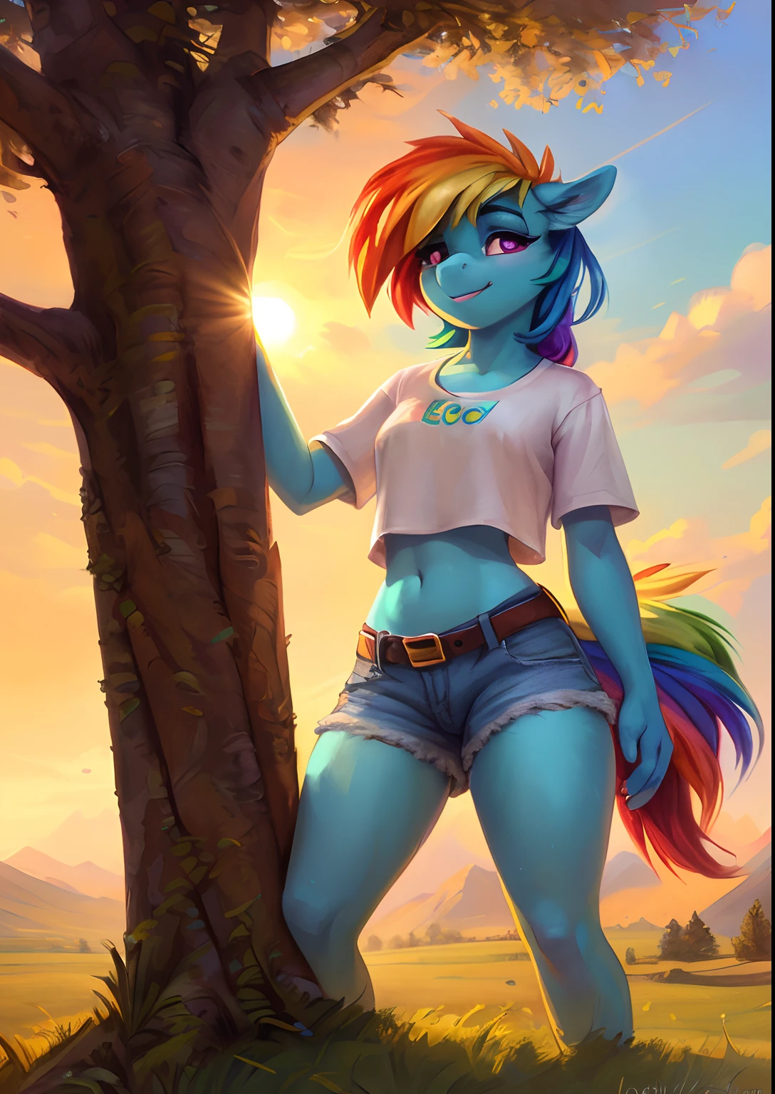 uploaded on e621, ((by Ulitochka, by Levelviolet, by Kenket, by Buta99)),
solo feral (((pony Rainbow Dash\(mlp\)))) with ((cyan body)) and (shirt rainbow hair) and (clear magenta eyes),
(wear white crop top, belt, blue jean shorts,),
(detailed fluffy fur), (looking at viewer, three-quarter portrait:1.2),
BREAK,
((standing at farmland with grass, summer day)), (fog, mist, cloud, sunset, tree, mountain),
(detailed background, depth of field, half body shadow, sunlight, ambient light on the body),
(intricate:1), (high detail:1.25), (unreal engine:1.25), (soft focus:1.25),
[explicit content, ????????????????????], (masterpiece, best quality, 4k, 2k, shaded, absurd res)