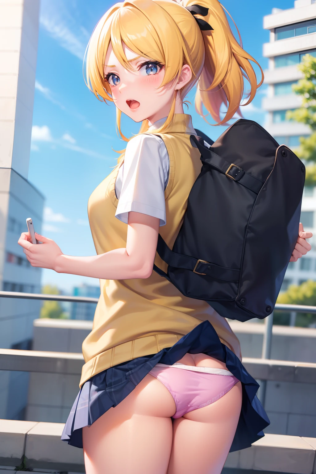Eliayase, ayase eli, (Yellow hair:1.3), Blue eyes, Ponytail, Hair Ribbon, BREAK is Otonokizaka uniform, Pleated skirt, School uniform, Short sleeves, Skirt, Summer uniform, Sweater Vest, (Yellow sweater vest:1.5)、(Blake Blue Skirt:1.3), Plaid, plaid skirts,BREAK looking at viewer, BREAK (masutepiece:1.2), Best Quality, High resolution, Unity 8k壁纸, (Illustration:0.8), (Beautiful detailed eyes:1.6), extra detailed face, Perfect Lighting, extremely details CG, (Perfect hands, Perfect Anatomy),, Outdoors、 (View from behind1.3)、 (pink panty:1.3)、(Skirt that rolls up:1.3)、(Fully exposed panties:1.5),、red blush、embarrassed from、, Accidental exposure, Skirt lift, (Bag), (Ass), embarrassed, Blushing, wobbly mouth, (angry), from behind, Looking at Viewer, Outside, Panties, Sexy, thick thighs, wide hips