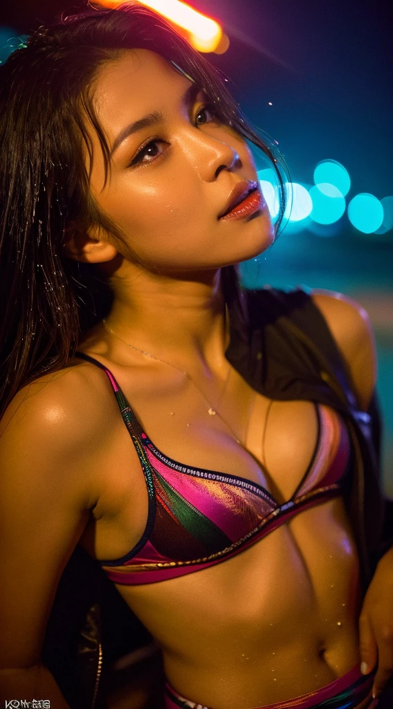 (Aesthetic, Hi-Res: 1.2), Professional Photographer, Exposed Art, intimate moments, Sexually liberated, Passionate mood, fascinated expression, Subtle features, sensual lip, Wet lips, Half-closed seductive eyes, exposed clothes, alluring glance, suggestive pose, strong lighting, Vivid colors, Intimate environment, eroticism , Provocative lower body visuals, Southland, the beach