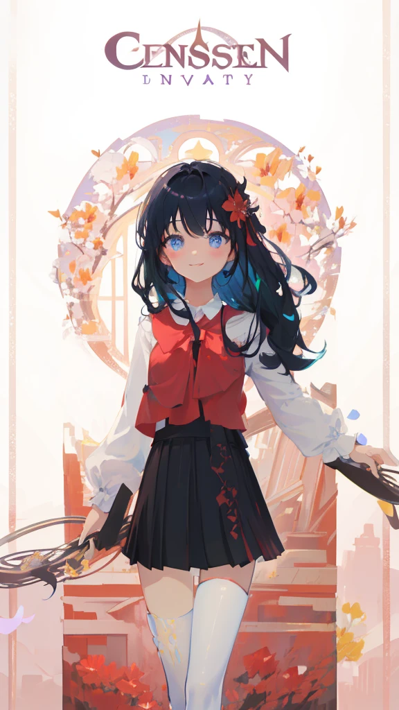 masterpiece, best quality, 1girl, (colorful),(finely detailed beautiful eyes and detailed face),cinematic lighting,bust shot,extremely detailed CG unity 8k wallpaper,Black hair,solo,smile,intricate skirt,((flying petal)),(Flowery meadow) sky, cloudy_sky, building, moonlight, moon, night, (dark theme:1.3), light, fantasy,blue eyes, (genshin impact), Bearing  bow, Light smile,