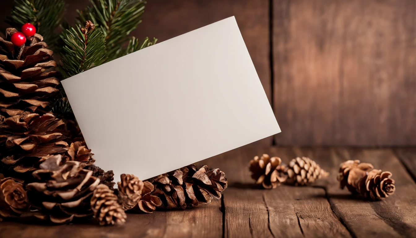 A blank white Christmas card mockup on a rustic wooden background with pinecones and holly branches scattered around.