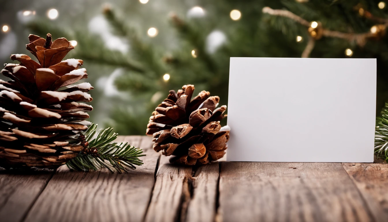 A blank white Christmas card mockup on a rustic wooden background with pinecones and holly branches scattered around.