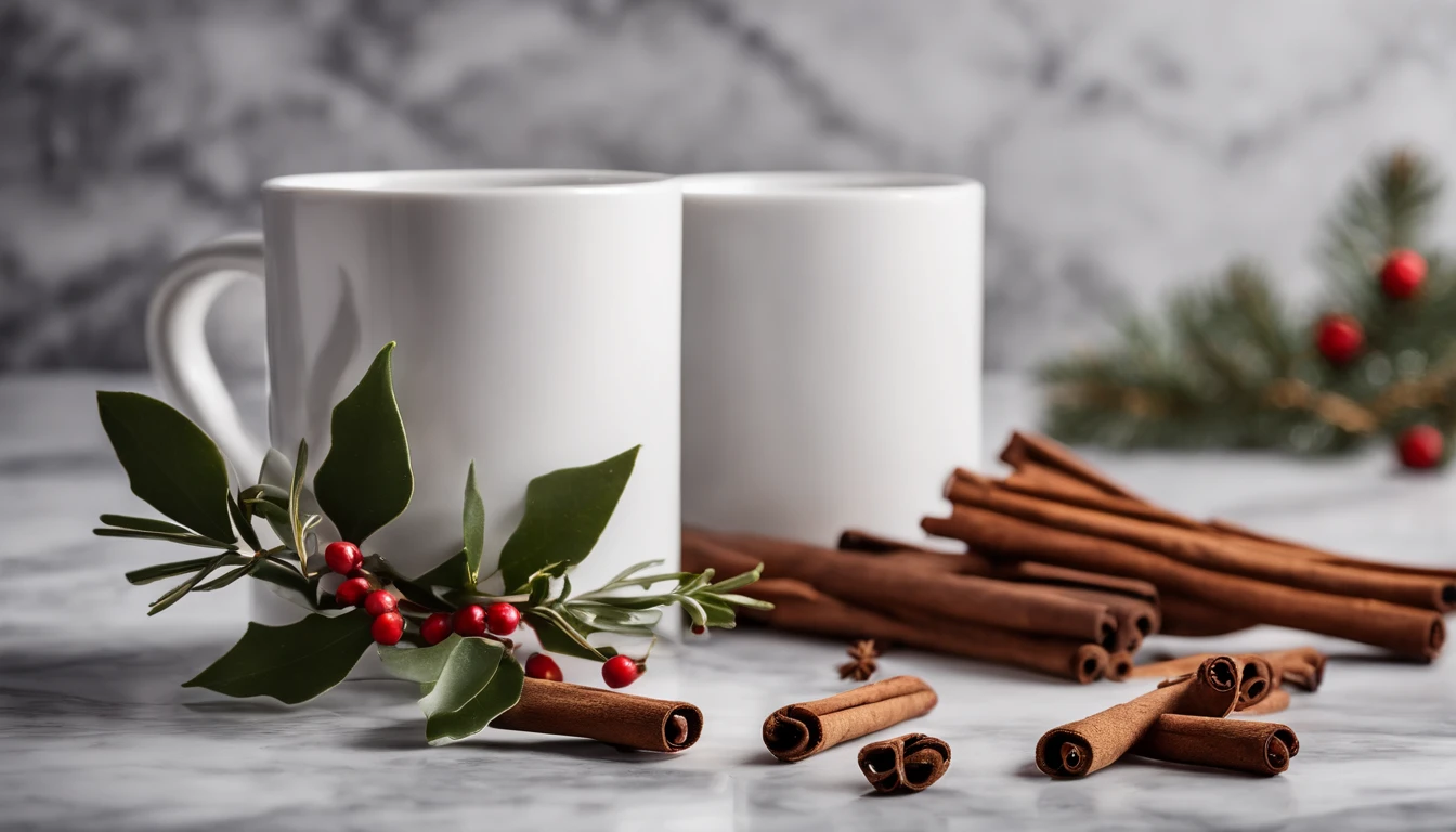 A blank white mug mockup on a marble countertop with a sprig of mistletoe and cinnamon sticks nearby, adding a festive touch.