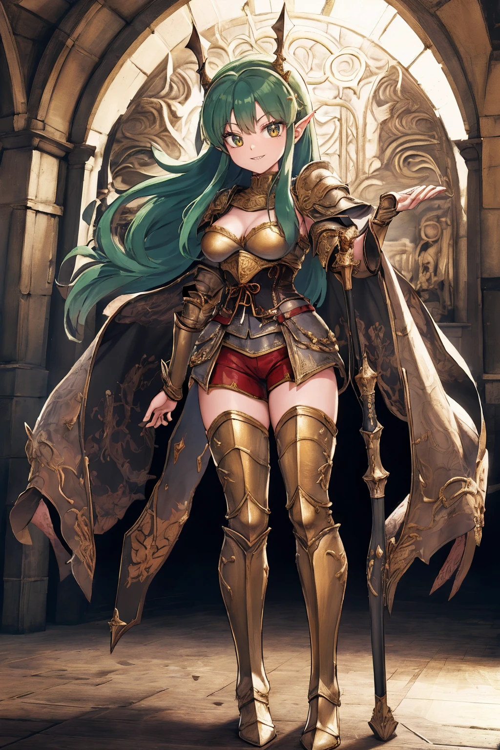 masterpiece, best quality,medieval armor, corset, breastplate,lum, , urusei yatsura, cloak, pants, pullover, kimono,martial pov,, pantyhose, sharpteeth, standing,smile, matial art,, full body, boots , pant, medium breast, pants, pullover,martial pov,god rays, ray tracing, sparkle, cinematic lighting, UHD, retina, masterpiece, ccurate, anatomically correct, textured skin, super detail, high details, high quality, award winning, best quality, highres, 1080P, HD, 4K, thunder aura, light aura