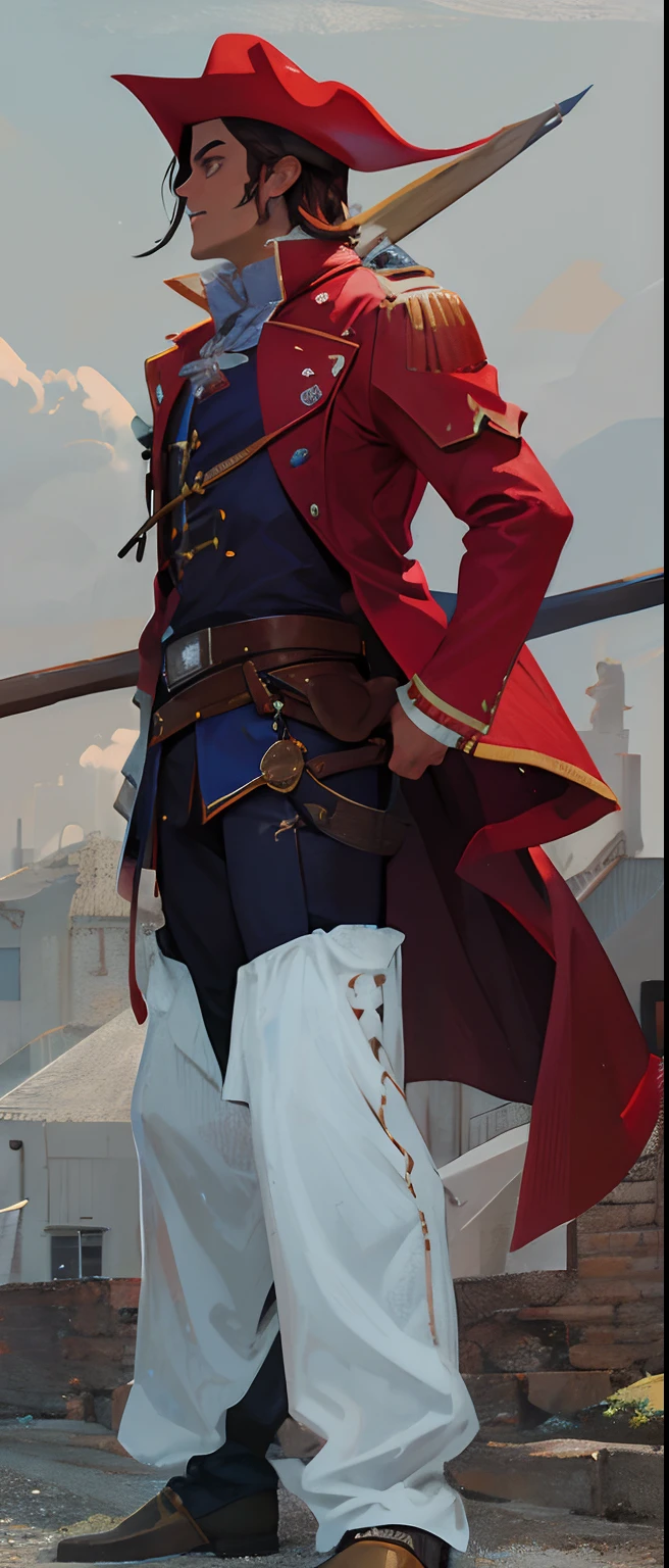Homem, pele morena,pirata , jaqueta vermelha, Red musketeer hat