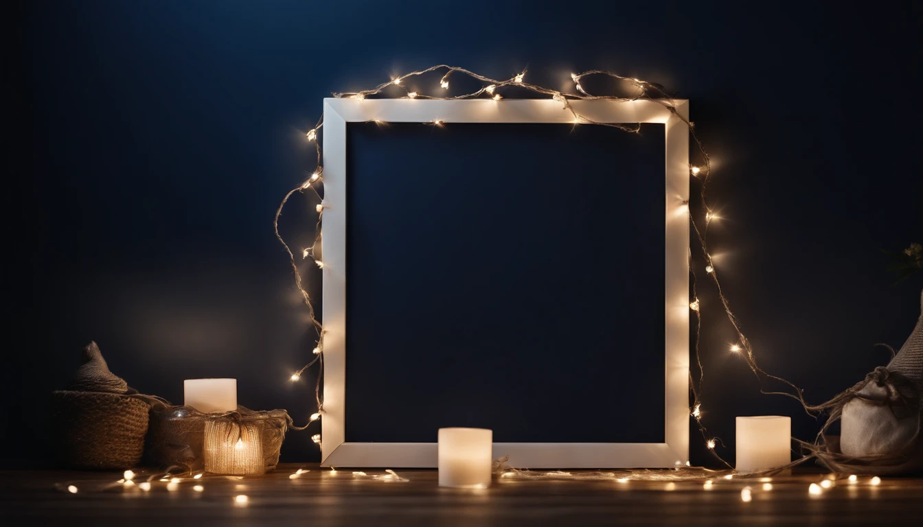 A blank white square frame mockup adorned with a string of twinkling fairy lights against a dark blue background, creating a magical atmosphere.