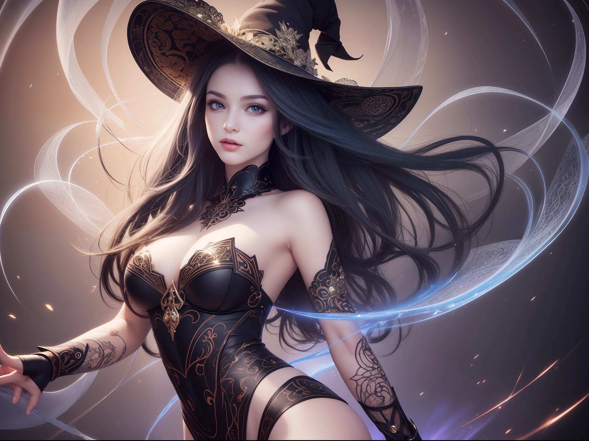(highest quality))), ((Masterpiece)), ((Intricate details)), 32k, Sharpness, Highly detailed CG, Perfect artwork, detailed and detailed details, Wind Manipulation: 1.2, Light manipulation, Fantastic art, composition with her whole body visible: 1.4, Magic, Bold, (Dynamic Pose), Rune tattoo: 1.0, Perfect female figure, constricted waist, very delicate and beautifulPerfect proportions, detailed skin, detailed skin, geometric pattern background: 1.1, witch: 1.4, witch costume without exposure: 1.2, witch boots: 1.2, (detailed beautiful delicate face, detailed beautiful delicate eyes, face) perfect proportions, detailed skin, detailed skin, geometric pattern background: 1.1, Magic circle:1.1, Depth, Unleashed magic