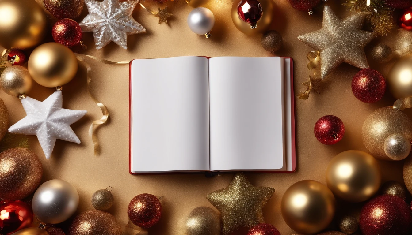 A blank white notebook mockup surrounded by assorted Christmas ornaments, such as baubles, stars, and candy canes, on a sparkling gold background.