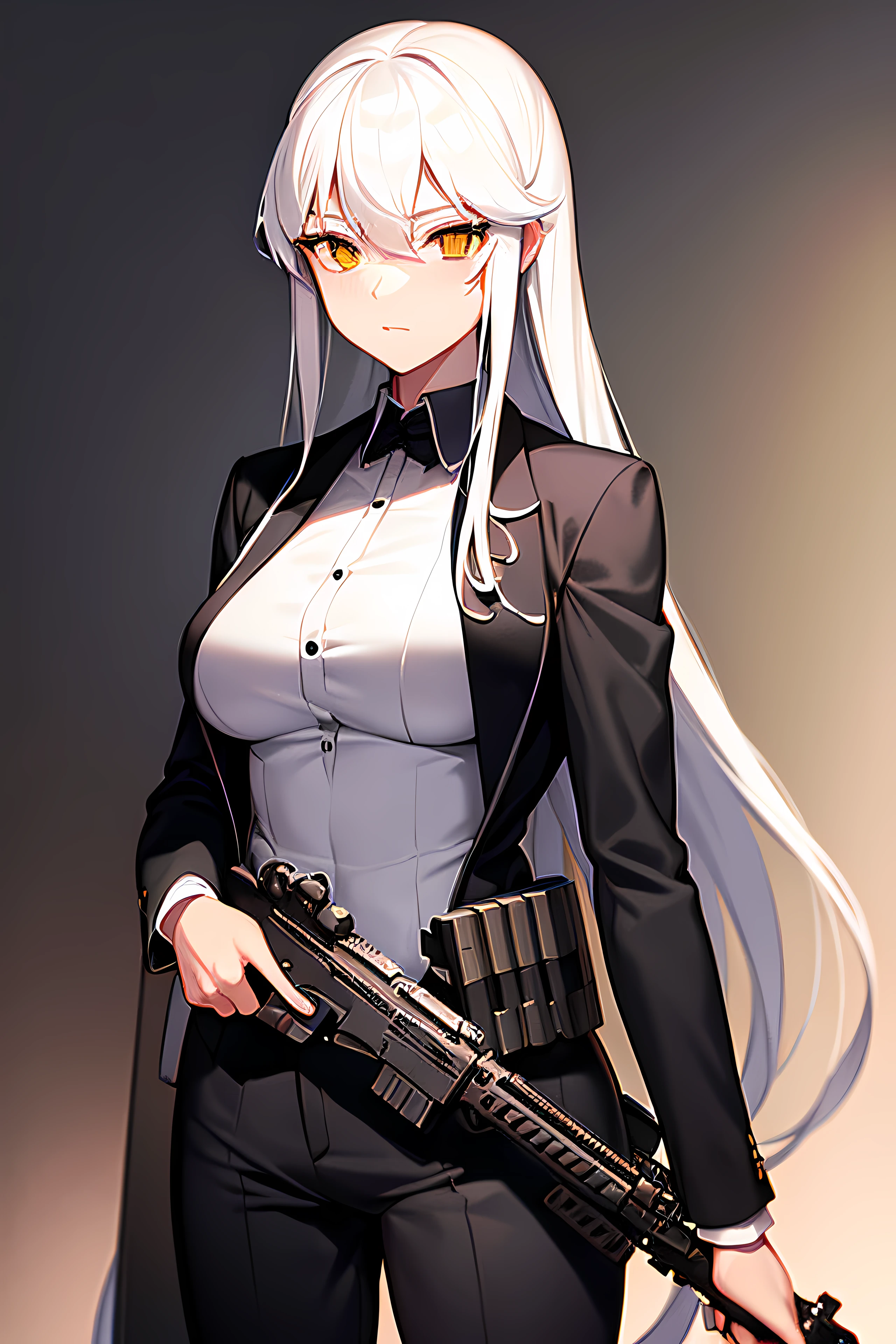 long  white hair，Single horsetail，In black suit，Lady Lady，big breasts beautiful，eye shadows，One-handed rifle，smallunderboob，He was carrying an iron box behind him，hk416，Queen of Arms