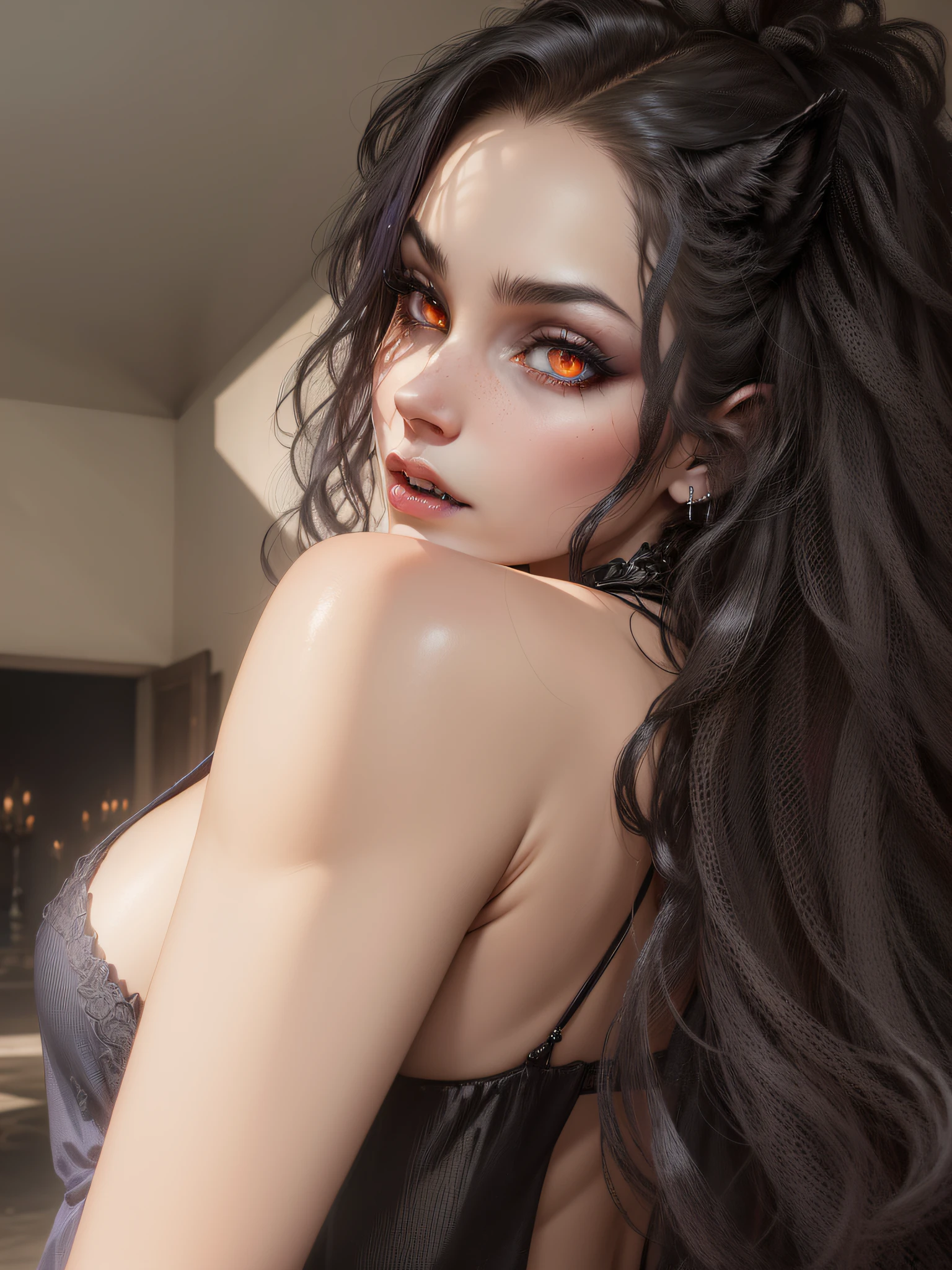 (highres:1.2),(realistic:1.37),devil girl,pet wolf,dark fantasy,enchanted forest,magic powers,glowing eyes,demonic features,black cloak,ominous atmosphere,moonlit night,sharp fangs,pale skin,ominous shadows,detailed facial expressions,dark tendrils,nightmare,haunting,gothic aesthetic,ferocious companion,vivid colors,dangerous beauty,captivating gaze,sinister aura,creature of the night,enchanted bond,loyal protector,moon's reflection,shadowy figure,ethereal,mythical,otherworldly,mesmerizing presence