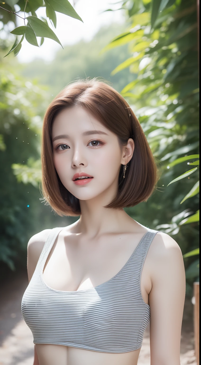 Realistic photo of 1 lovely continental star, Striped hair, White skin, thin makeup, 34 inch breast size, Wearing a gray crop top top, On a tree-lined path, Upper body portrait, Sparkle, hyper HD