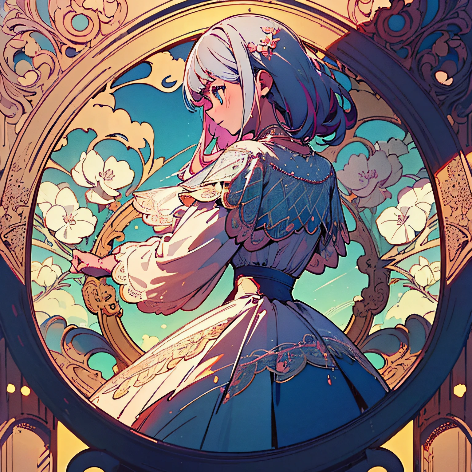 (masterpiece、top-quality、top-quality、Beautifully Aesthetic:1.2)、(1womanl:1.3)、(Fractal Art:1.3)、Delicate lace clothing、Round picture frame、Flowers and Gemstones、Platinum Hair Ornament、Geometric pattern、colourful hair、profile、Faces close