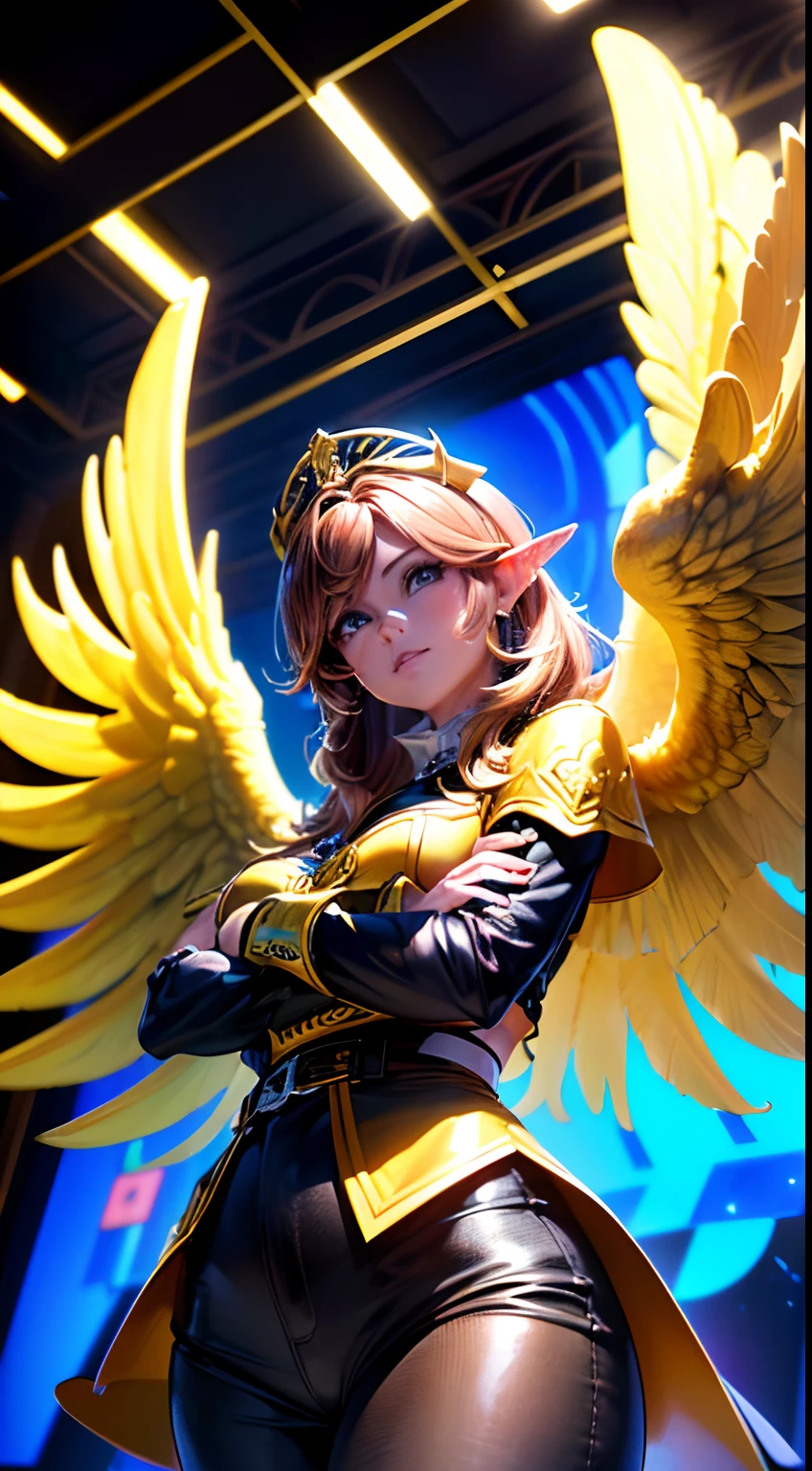 Elfgirl (Dynamic Angle:1.4), ((Pose de cuerpo entero:1.5), (De color:1.2), (fondo de pantalla extremadamente detallado de la unidad CG 16k:1.1), (Fuerza que elimina ruido: 1.45), (tObra maestra:1.37), ((Arte Oficial)), (De color:1.2), Todo el cuerpo es de color amarillo dorado, suspendido en el aire, sim, Big Wings, Dios Rayos, destellar, Luz brillante, ((Obra maestra)), ((La mejor calidad)), UHD, Galardonado