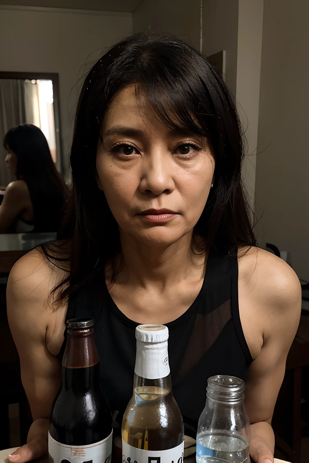 A nasty-looking 60-year-old mother-in-law in black who drinks with her 30-year-old daughter-in-law in black after placing 5 bottles of soju in her room in Korea.