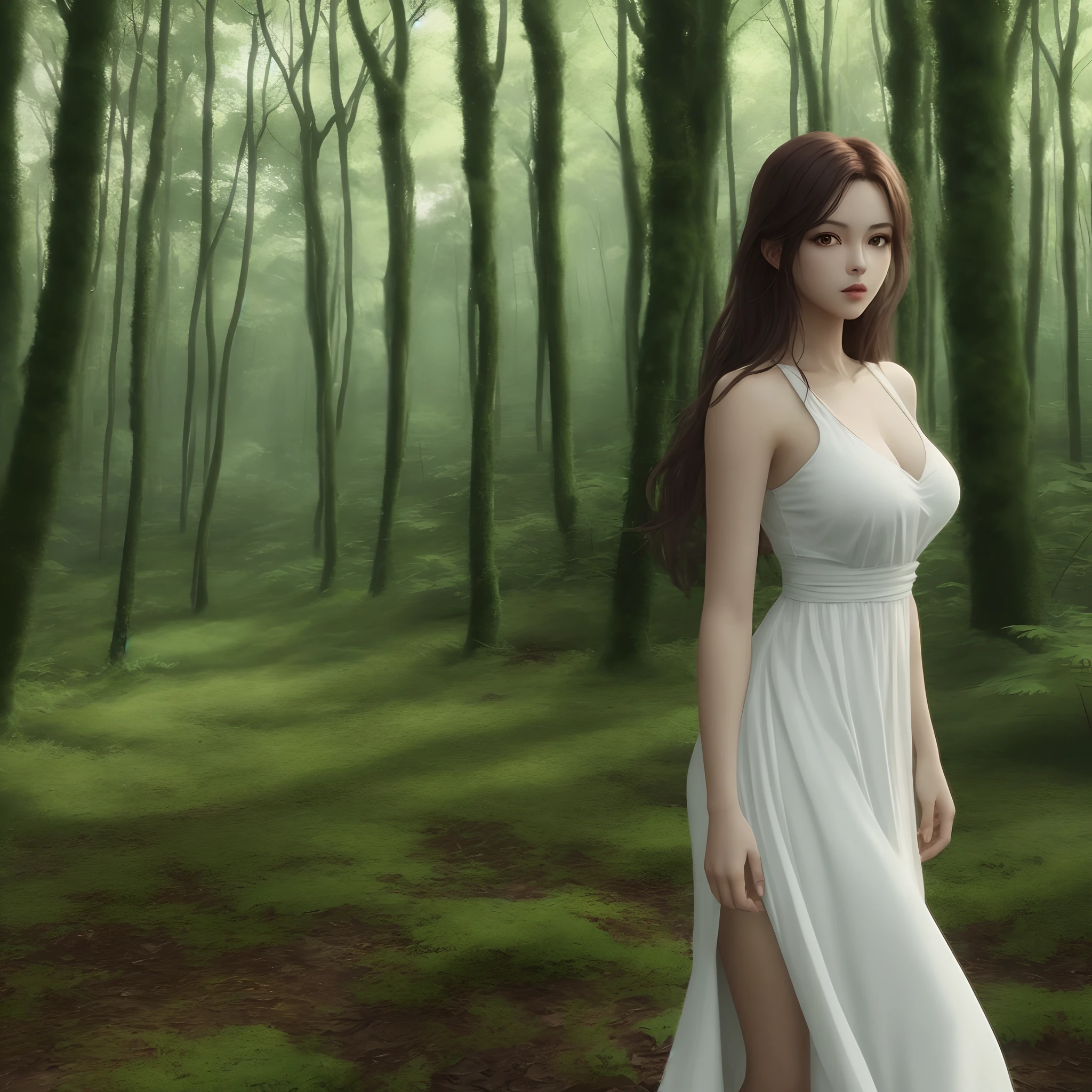 One Piece screencap of a arrogant looking female with light skin with full lips with long dark brown hair and dark green eyes. Beautiful forest background behind her. She is wearing a white dress.