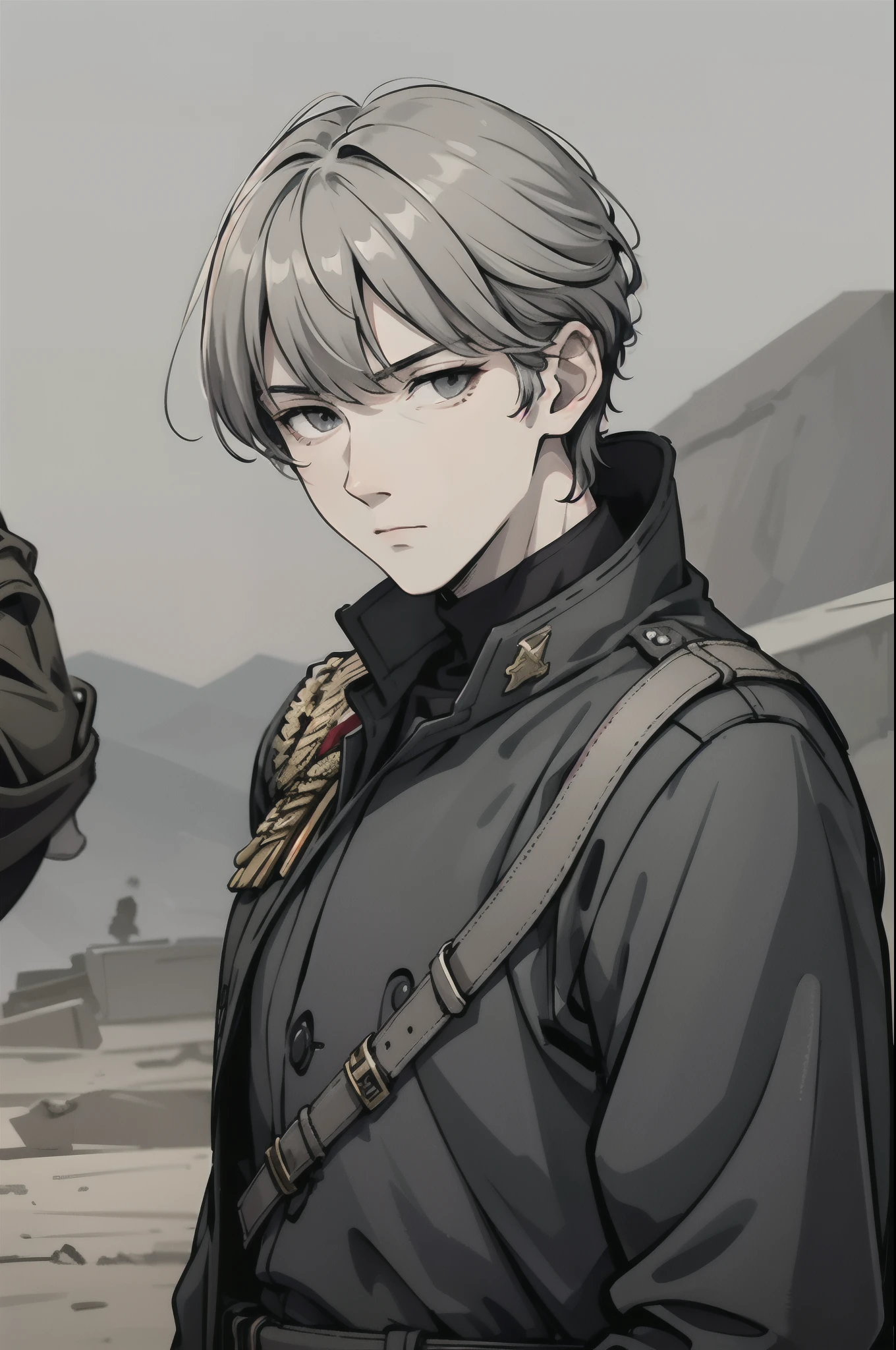 Adult, young man, 18 years, masculine, eastern face, grey hair, white skin, dark grey hair, empty eyes, grey eyes, neutral expression, soldier, poor equipment, war, Battlefield background, dark attire