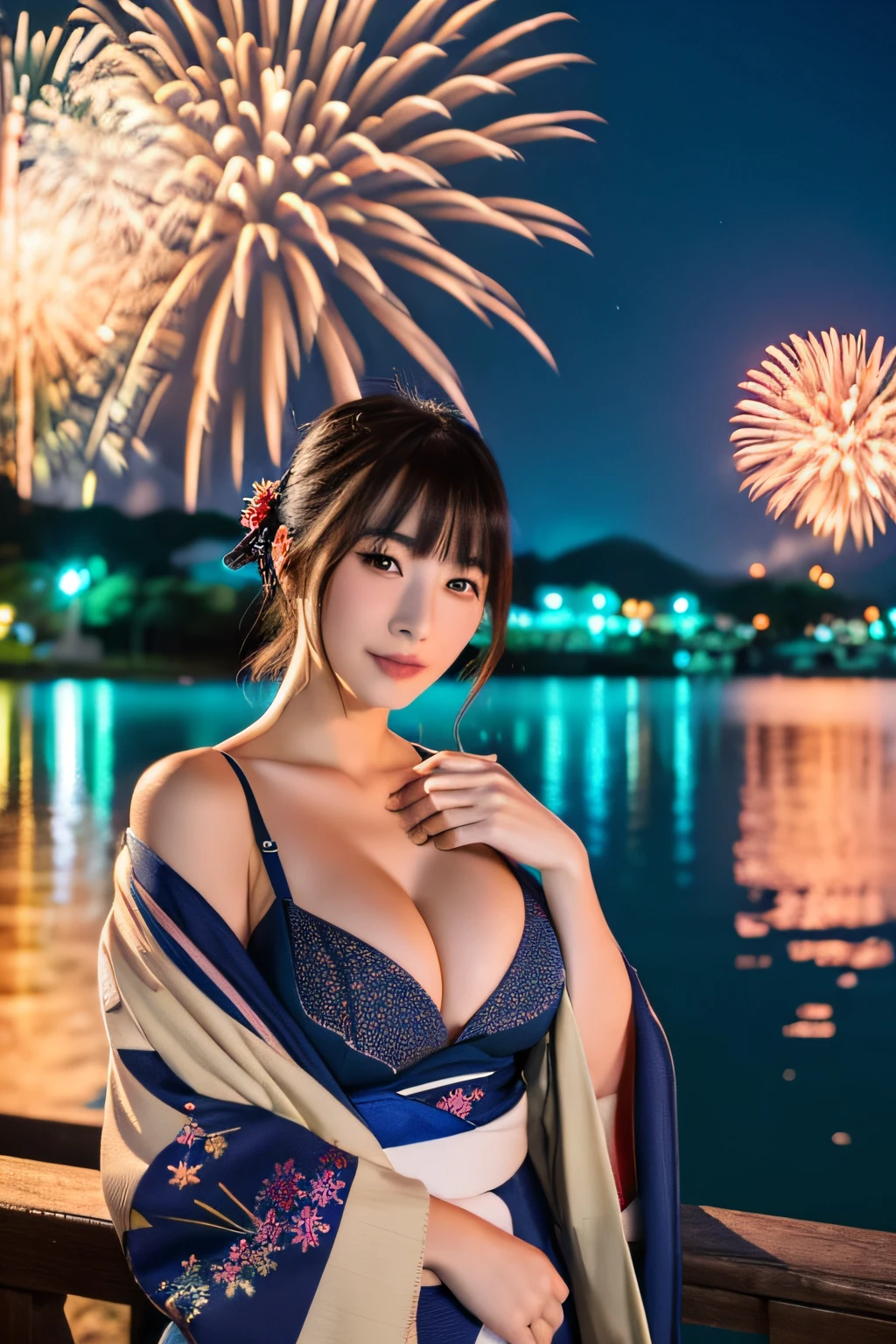 (top-quality,8K,​masterpiece),Girl in kimono in front of a lake with fireworks, Extraordinary beauty,Very beautiful Japan models,Bewitching look, Colossal tits,palatial palace ， Beautuful Women,Colossal tits,Shoulders are sticking out,Emphasizes cleavage,