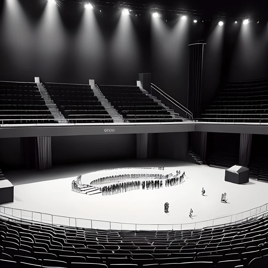 Um desenho decalcado em preto e branco do palco do center of performing of arts broklin