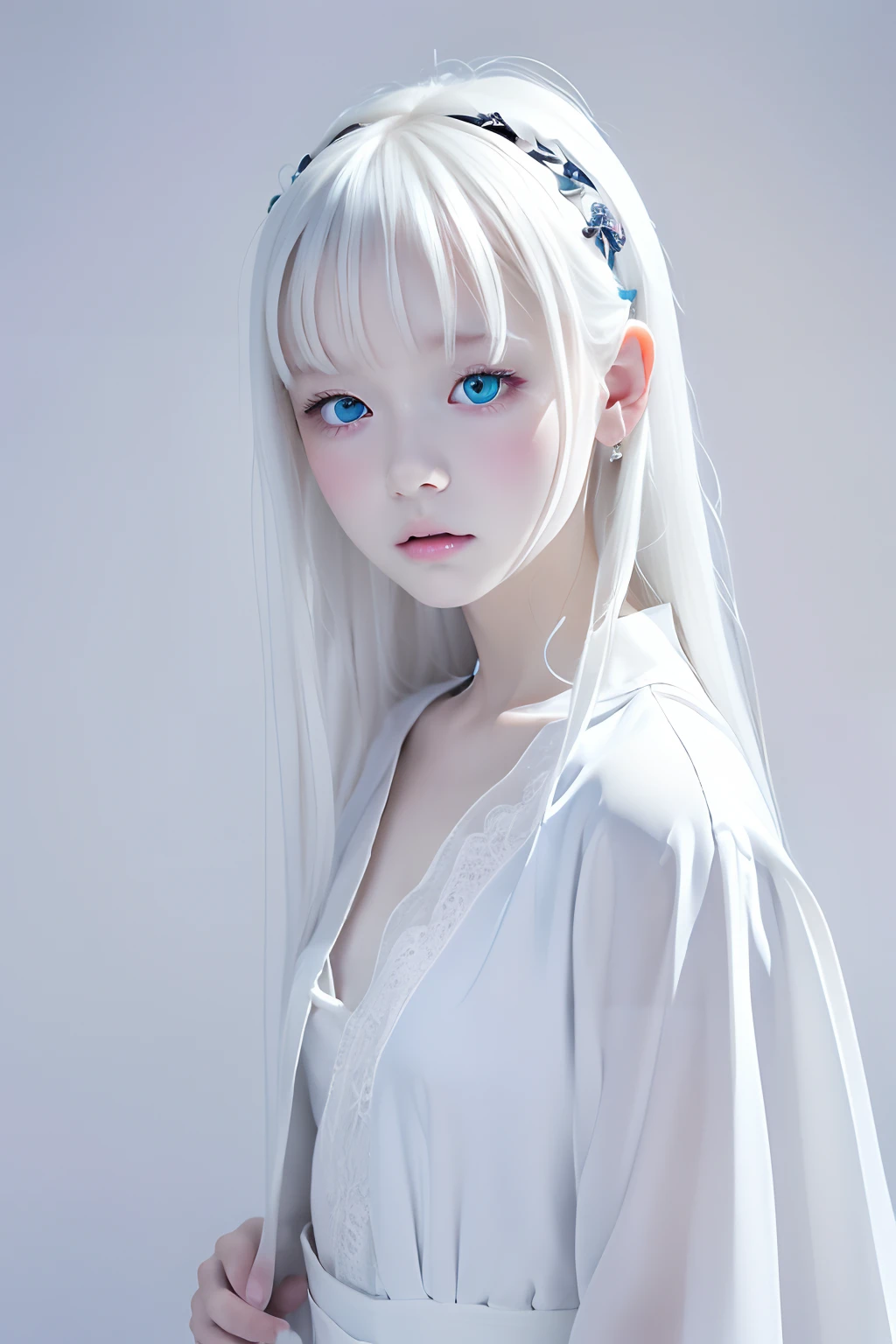 (((White background:1.3)))、Best Quality, masuter piece, High resolution, albino girl、Beautiful white hair:1.5、(((1girl in))), sixteen years old,(((eyes are white:1.3)))、robe blanche、((White shirt:1.3、White Block Dress)), Tindall Effect, Realistic, Shadow Studio,Ultramarine Lighting, dual-tone lighting, (High Detail Skins: 1.2)、Pale colored lighting、Dark lighting、 Digital SLR, Photo, High resolution, 4K, 8K, Background blur,Fade out beautifully、a white world、White background