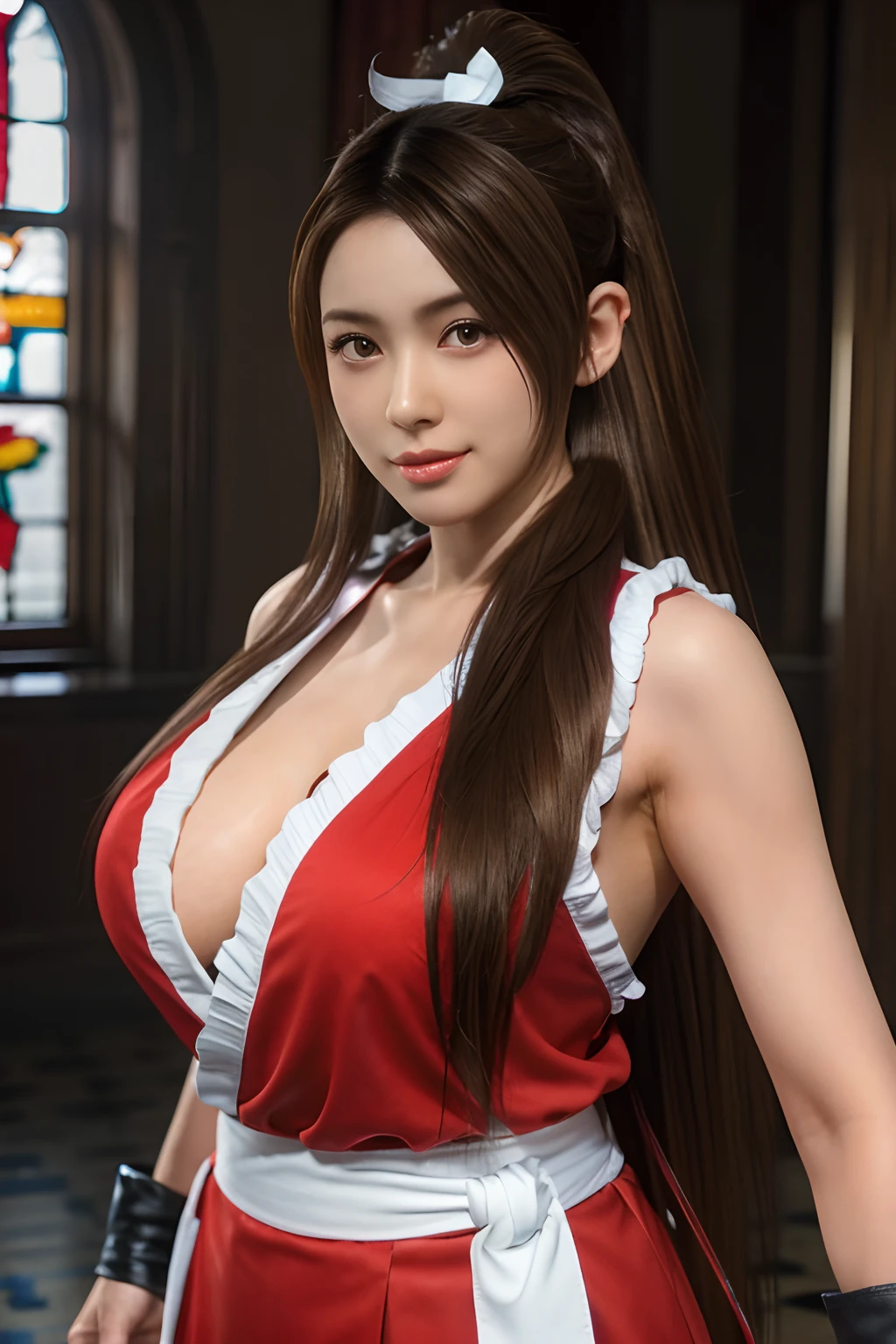 shiranui mai, Brown eyes, Long hair, Brown hair, (Red clothes:1.3)，White ribbon, Sleeveless, pony tails, sash, Pelvic curtain, arm guards, mitts, tabi，A plump chest， Seductive expression, Sexy eyes, Huge breasts, Smile, Cute, view the viewer, Long hair, (breasts focus:1.2), (Realistic:1.2), (Full shot: 1.2), (Realism), (Masterpiece:1.2), (Best quality), (Ultra detailed), (8K, 4K, Intricate), (85mm), Light particles, lighting, (Highly detailed:1.2), (Detailed face:1.2), (gradients), sfv, Colorful, (Detailed eyes:1.2), (In church: 1.2),(Detailed background), (Dynamic Angle:1.2), (Dynamic pose:1.2), (Line of action:1.2), Wide shot, .huge tit，Bigchest，crowd of，lots of people，crowed