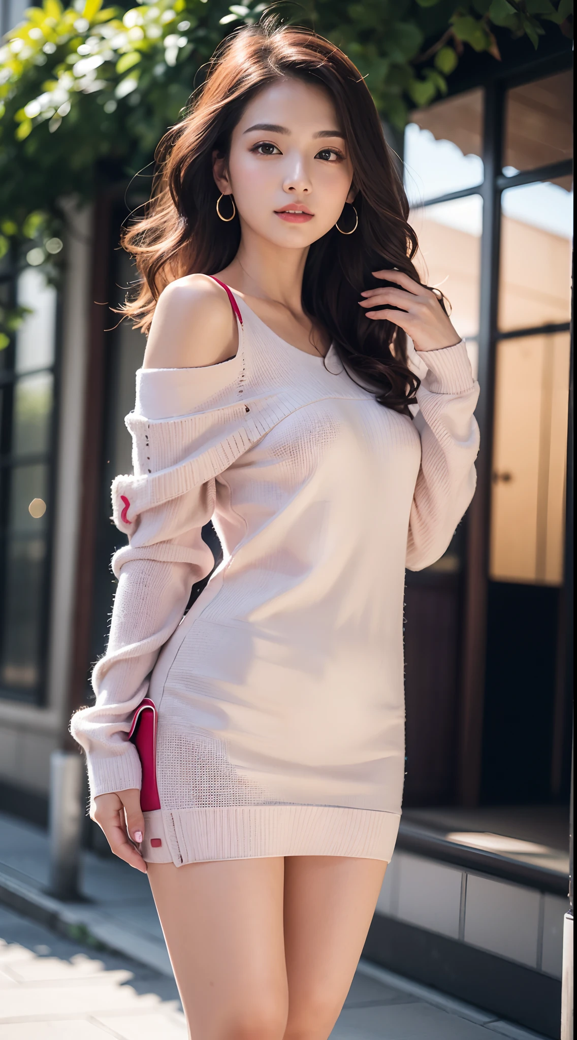 (8K,Raw photo、Raw photo、top-quality、Master masterpiece:1.2)、ultra-detailliert、Super Resolution、(Photorealsitic:1.3)、Angle to shoot from the front、Clearly draw shades of light、high resolution RAW color photos、professional photograpy、Same skin type as humans、Female proofreading of Japan from head to waist、Blur the background、Draws faithfully to anatomy、cafes、Very detailed and beautiful、Ultra-high image quality、long、Hair swaying and sexy、Very detailed beautiful girl、(Pink Eye Shadow)、smil、Plain clothe、Park on a sunny day、Loosely curly hair、Sweaters、high-heels、a miniskirt、Shoulder bag
