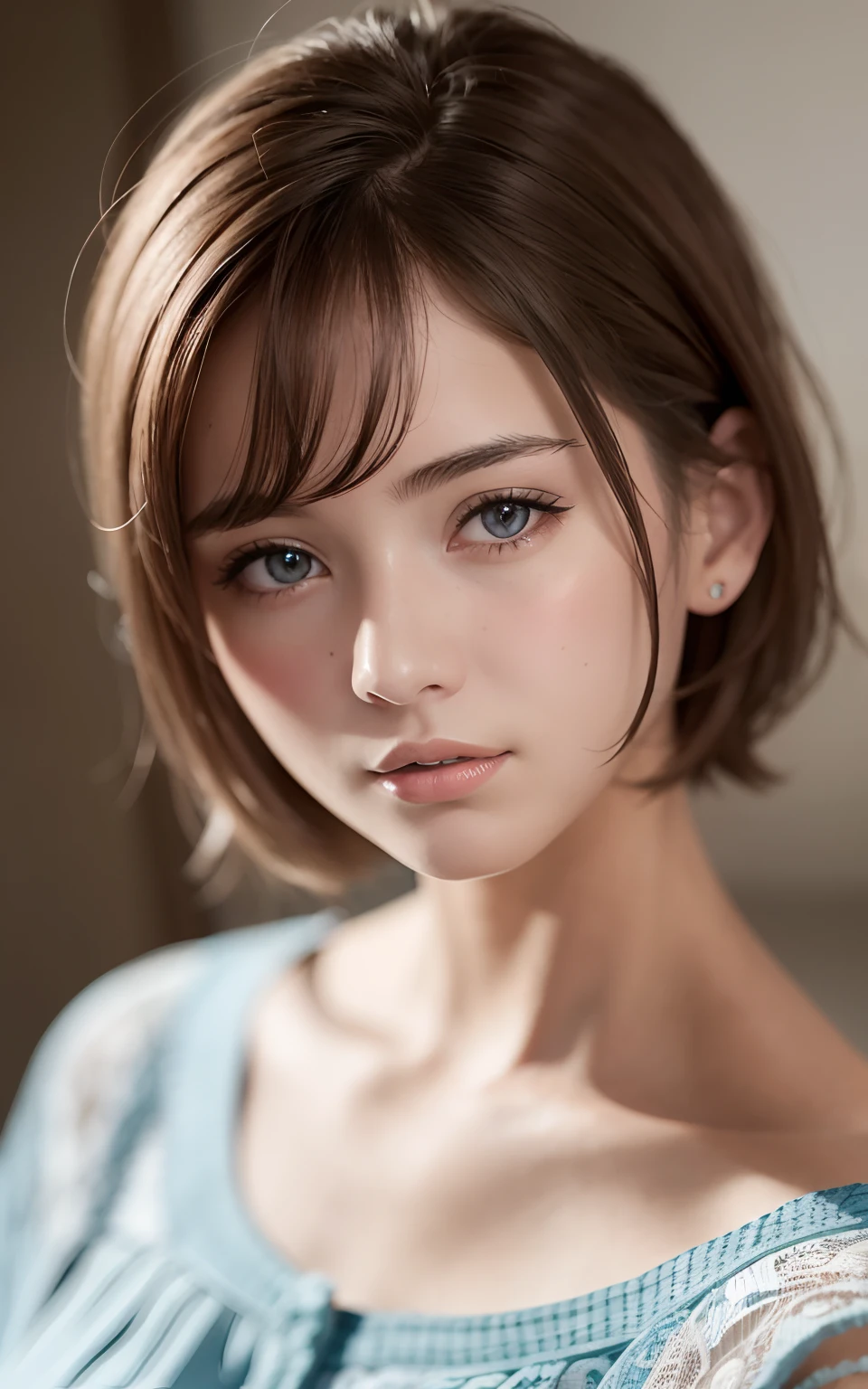 8K Ultra HD、RAWphotograph、モデルphotograph撮影、 European laceasterpiece、Highest quality、Realistic、High resolution、photograph:1.3)、close、focus on、Hot Model、slim、30 year old mature woman、Small face、No makeup、short hair、Beautiful dark brown Hayne eyes、Genuineスキン、(Perfect body)、Sexy hot face、erotic、sexual sight、slim、Sweat top、Beautiful eyes in every detail、Glossy Lips、Small breasts、Small breasts、Bust B cup、((Bright light、Dynamic Lighting、Genuine、超Genuine、 realism、Genuineなディテール、Cool Beauty、Cool pose、Background gray、Plain gray background