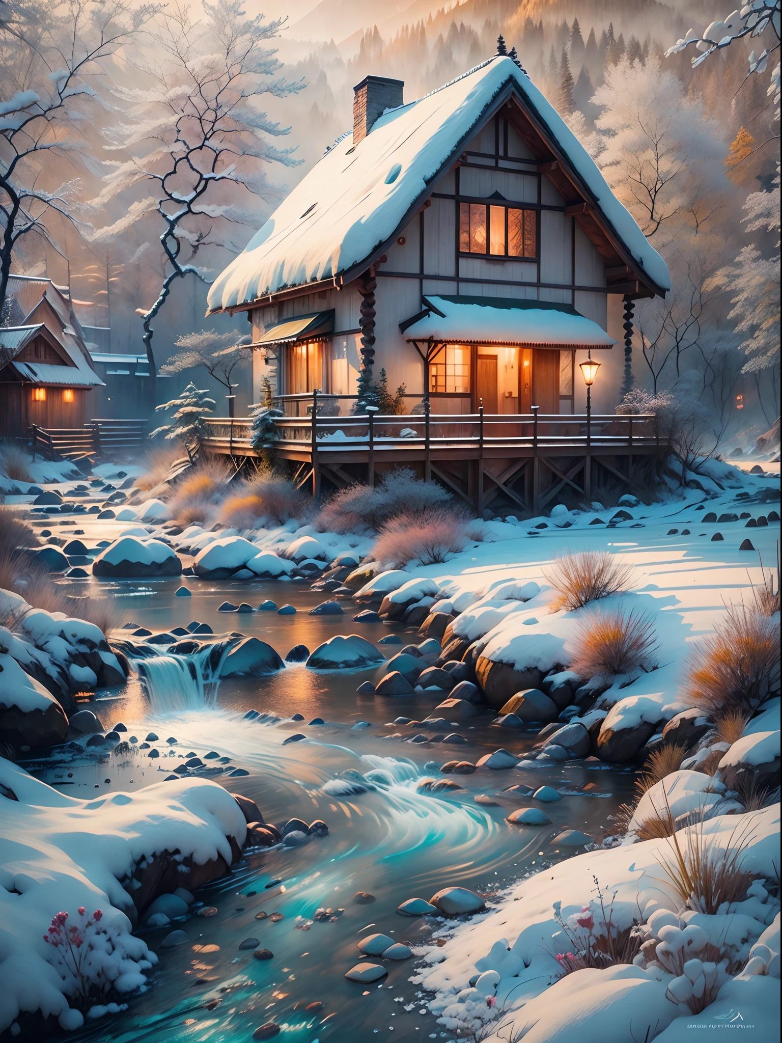 (Best quality, photo-realistic:1.2), Nature,lindo cenario， Melt snow and ice, （Mountain streams and flowing water，Clear stream）,Warm cottage，lamplight，Snowflakes fluttering， Masterpiece:1.23, Photography.