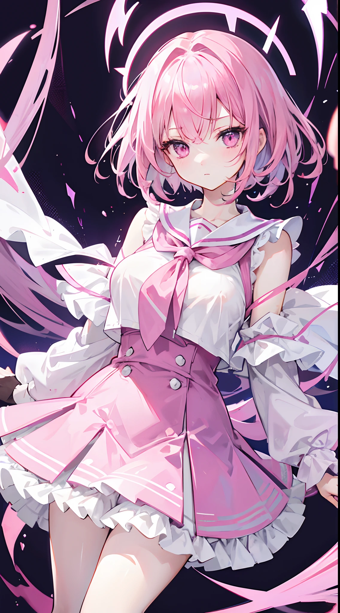 Short pink-purple hair,Slightly scattered,orange eyes,Expressionless eye highlights,Transparent white veil,Pink and white sailor uniform,short skirt,white stockings,Big Breasts Girl,scyscraper