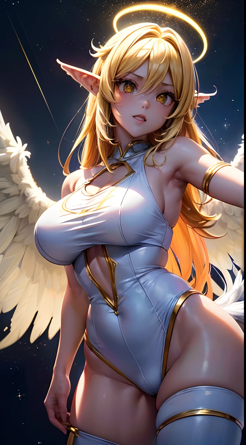 Elfgirl (Dynamic Angle:1.4), ((Pose de cuerpo entero:1.5), (De color:1.2), (fondo de pantalla extremadamente detallado de la unidad CG 16k:1.1), (Fuerza que elimina ruido: 1.45), (tObra maestra:1.37), ((Arte Oficial)), (De color:1.2), Todo el cuerpo es de color amarillo dorado, suspendido en el aire, sim, Big Wings, Dios Rayos, destellar, Luz brillante, ((Obra maestra)), ((La mejor calidad)), UHD, Galardonado