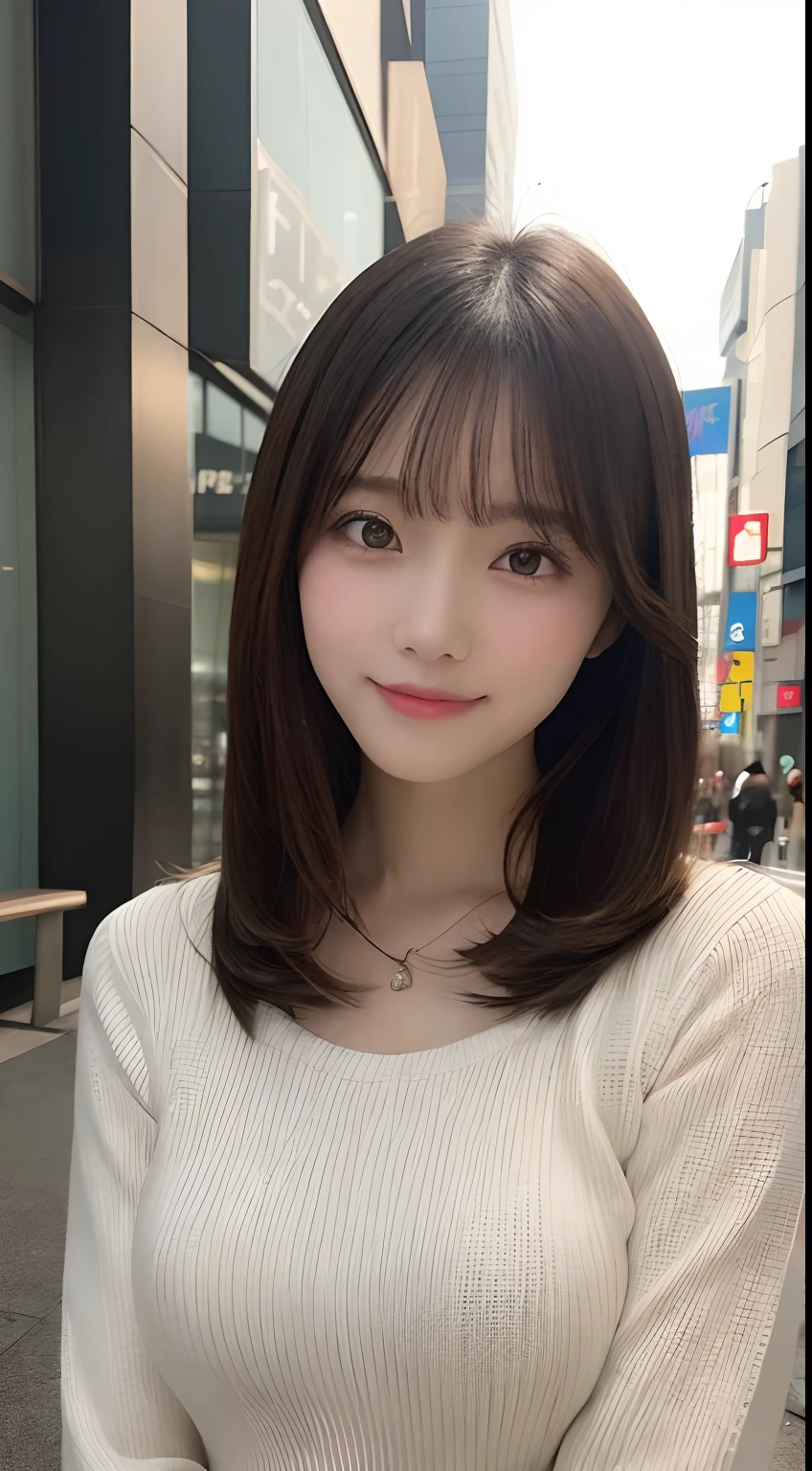 masutepiece, Best Quality, Illustration, Ultra-detailed, finely detail, hight resolution, 8K Wallpaper, Perfect dynamic composition, Beautiful detailed eyes,Straight hair,small tits,Natural Color Lip, Bold sexy poses,Smile,Shibuya、20 years girl、Cute、Subject looking at sexy pose on camera，Gravure Model Pose,Long sleeve knit dress、Slender body、Slender face