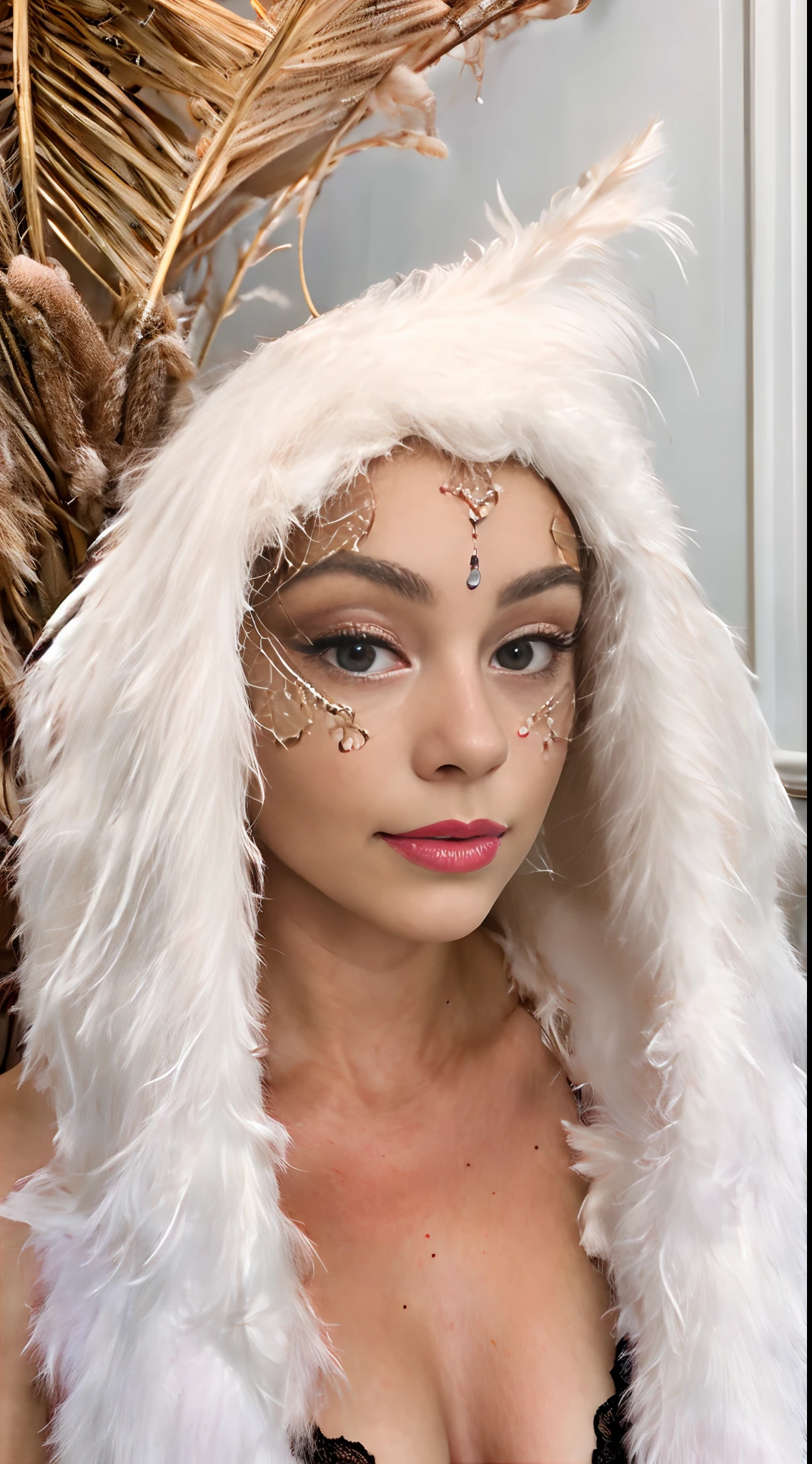 (Pièce maîtresse : 1.2), Rétro mystérieux, d’une beauté envoûtante, masque lapin doré détaillé coloré, longue cape fluide, motifs brodés d’or, Plumes, soie, Drapé, petite Lingerie portée, faiblement éclairé, éclairage de mauvaise humeur, décor de studio photo professionnel