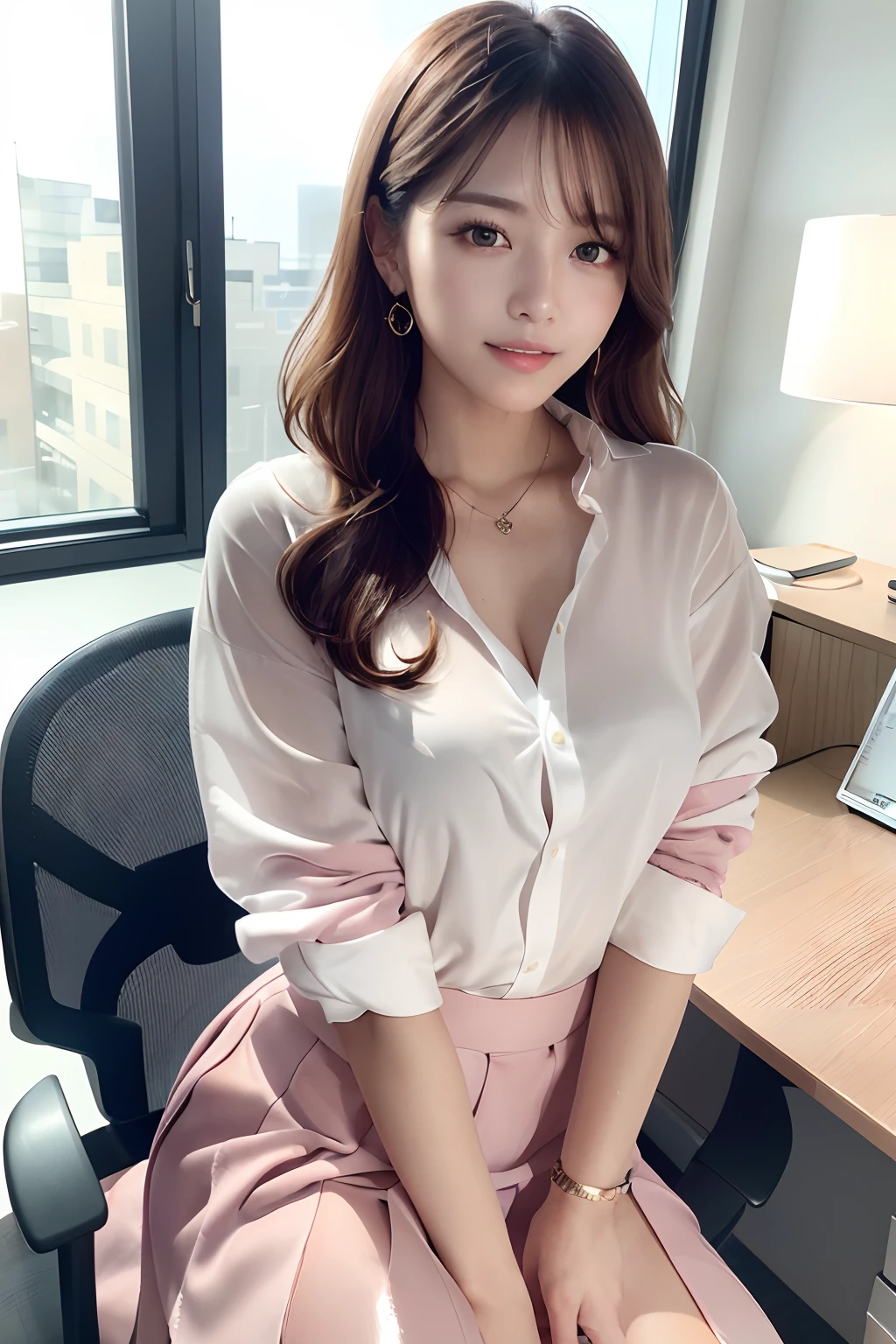 (masutepiece:1.3), High resolution, ultra-detailliert, the Extremely Detailed CG Unity 8K Wallpapers, Realistic, Photorealsitic, Raw photo, beautifull detailed face, pale skin, realistic glistening skin, Detailed Cloth Texture, detailed hair texture, Perfect body, Beautiful face, 准确, Anatomically correct, Highly detailed face and skin texture, Natural neck length, (Beautiful hands), (Fair skin:1.2), thin legs, Thin feet,
BREAK,
Detailed eyes, symmetrical eye, Light brown eyes, Double eyelids, Thin eyebrows, (Glossy lips:1.4), ((gently smiling:1.2)), (blush:1.1),
BREAK,
(Classy and cute girl:1.3), (Wear elegant clothes (white) Button shirt:1.2), ((Light pink) Long skirt with irregular hem:1.2), Close the button,
medium large breasts, (Slender figure:1.1), Firm abs, Beautiful collarbone,
(Dark blonde hair, Wavy Hair, Long hair:1.2), ((asymmetrical bangs:1.2)),
BREAK,
((Sitting leaning against an office chair:1.3)),
((In a fashionable office at night:1.4)), (Cowboy Shot:1.2), Looking at Viewer, From above:0.65,