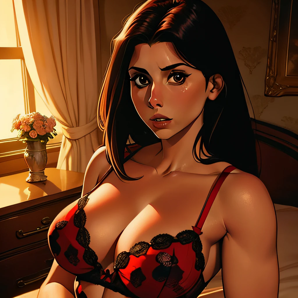 (((meadow soprano))), well defined body, red lingerie, lady bug, well defined body, detailed body, detailed face, masterpiece, best quality, high quality, in the bedroom