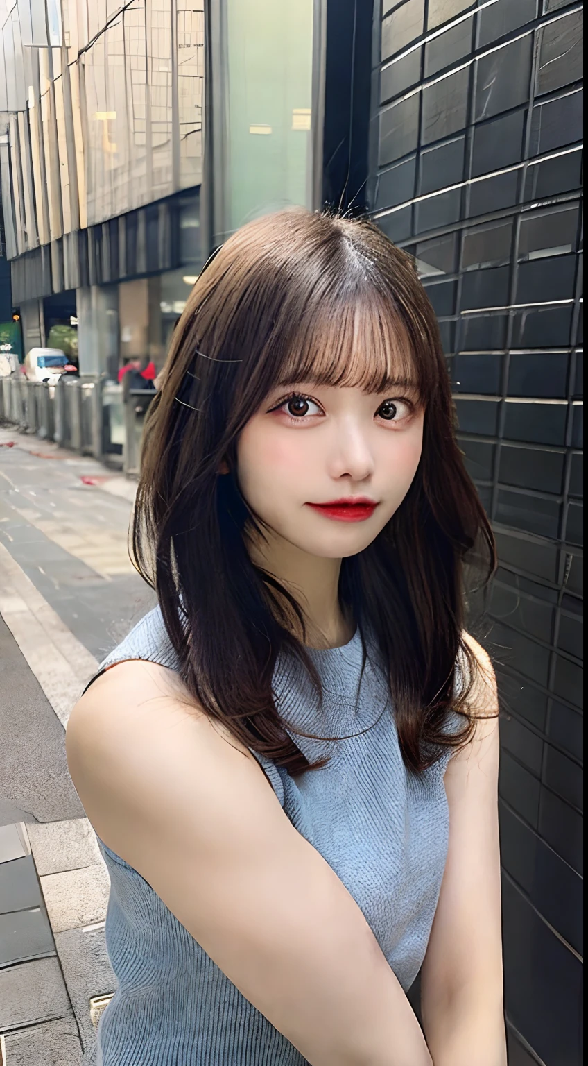 beautiful Japanese woman,double eyelid,clear skin,round face,long face,Swept bangs,in the tokyo,short by DSLR,Adoravle 18 years old,head shot,from front,long hair