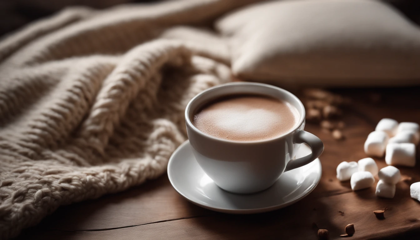 A blank white phone screen mockup on a cozy knitted blanket with a steaming cup of hot cocoa and marshmallows nearby, evoking warmth and relaxation.