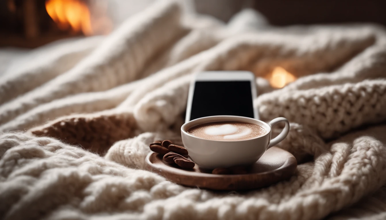 A blank white phone screen mockup on a cozy knitted blanket with a steaming cup of hot cocoa and marshmallows nearby, evoking warmth and relaxation.