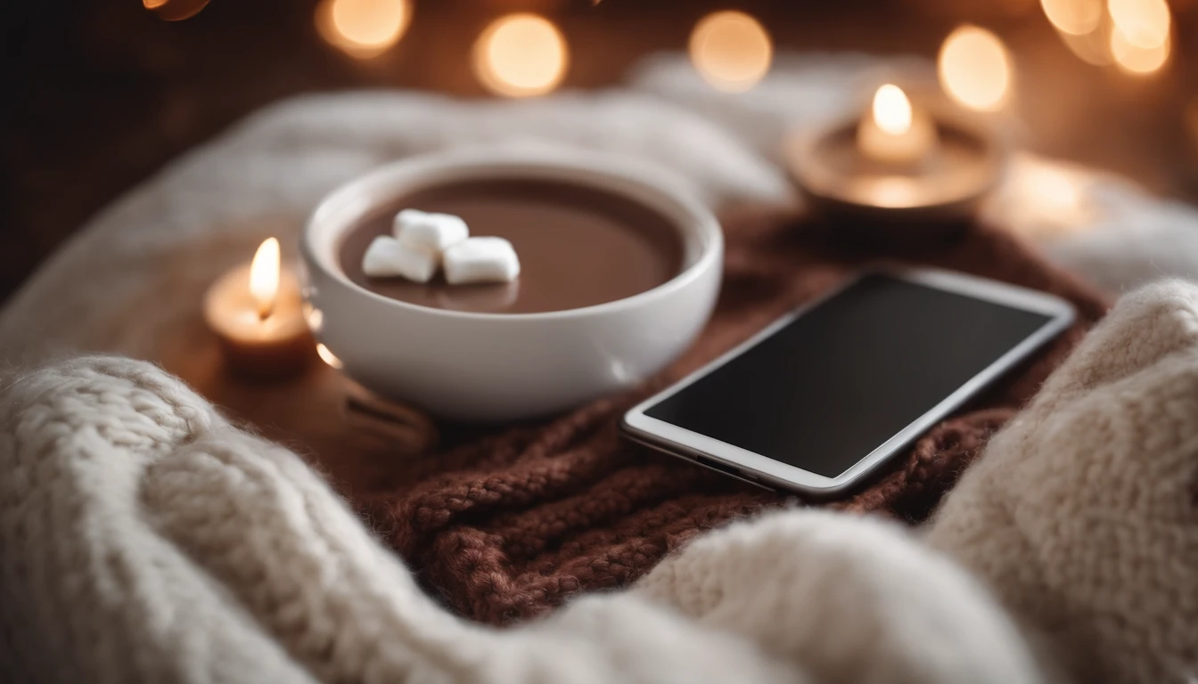 A blank white phone screen mockup on a cozy knitted blanket with a steaming cup of hot cocoa and marshmallows nearby, evoking warmth and relaxation.