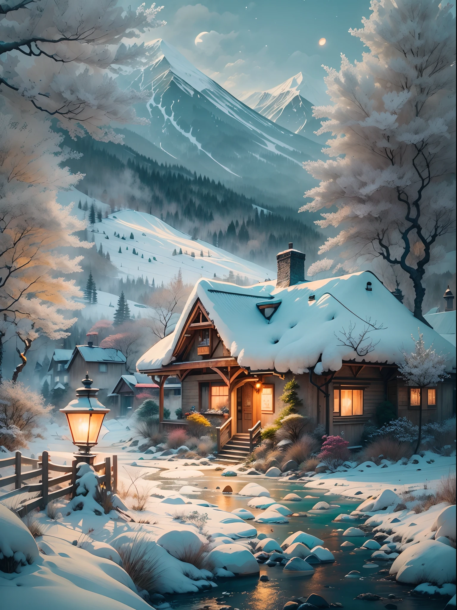 (Best quality, photo-realistic:1.2), Nature,lindo cenario， Melt snow and ice, （（（Mountain streams and flowing water，Clear stream）））,Cosy cottage in the distance，lamplight，Snowflakes fluttering， Masterpiece:1.23, Photography.