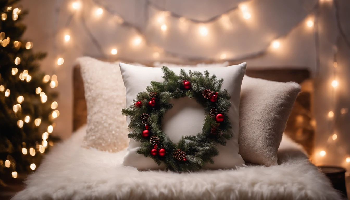 A blank white pillow mockup on a faux fur rug, with a festive wreath and fairy lights in the background, showcasing custom holiday-themed designs.
