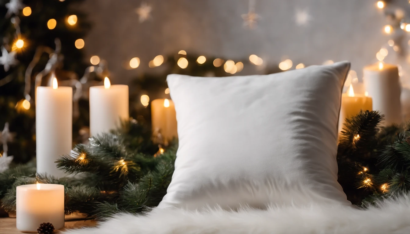 A blank white pillow mockup on a faux fur rug, with a festive wreath and fairy lights in the background, showcasing custom holiday-themed designs.