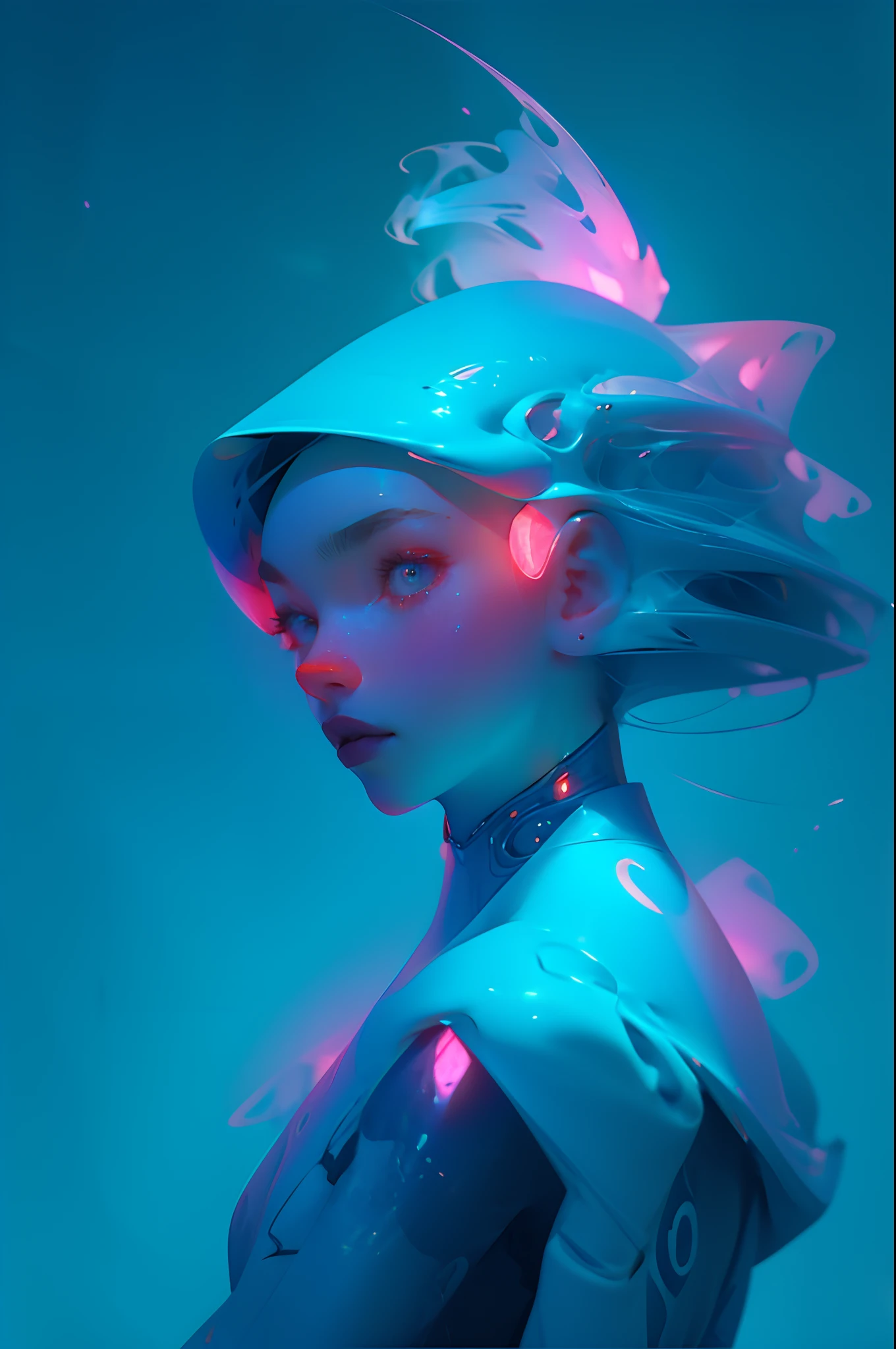 In the midst of her journey, a beautiful synthetic cyborg woman is atop a large fish, swimming through a blue alien ocean, Describe what she sees around her, the feelings she experiences, and the obstacles she encounters on her journey, hyperrealistic, cyberpunk style, neon lights, cinematic and futuristic details, panning shot camera