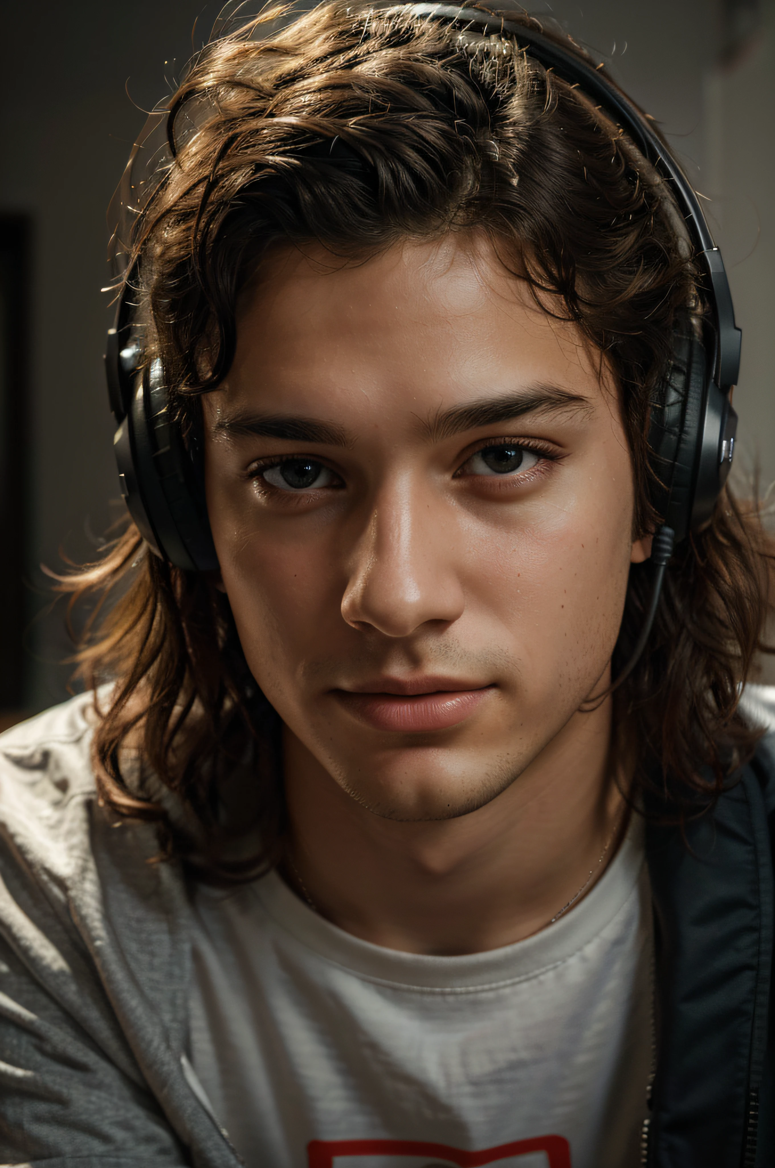 (best quality, highres:1.2), realistic, portrait, music, close-up, young man, headphones, "ScreenSound" T-shirt, relaxed expression, curly hair, detailed face, soft lighting, vibrant colors, sound waves, immersive experience