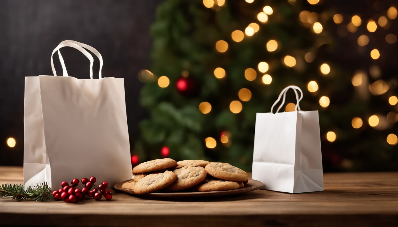 A blank white shopping bag mockup placed on a wooden table with a selection of Christmas cookies and a sprig of holly, perfect for showcasing holiday sales or promotions.