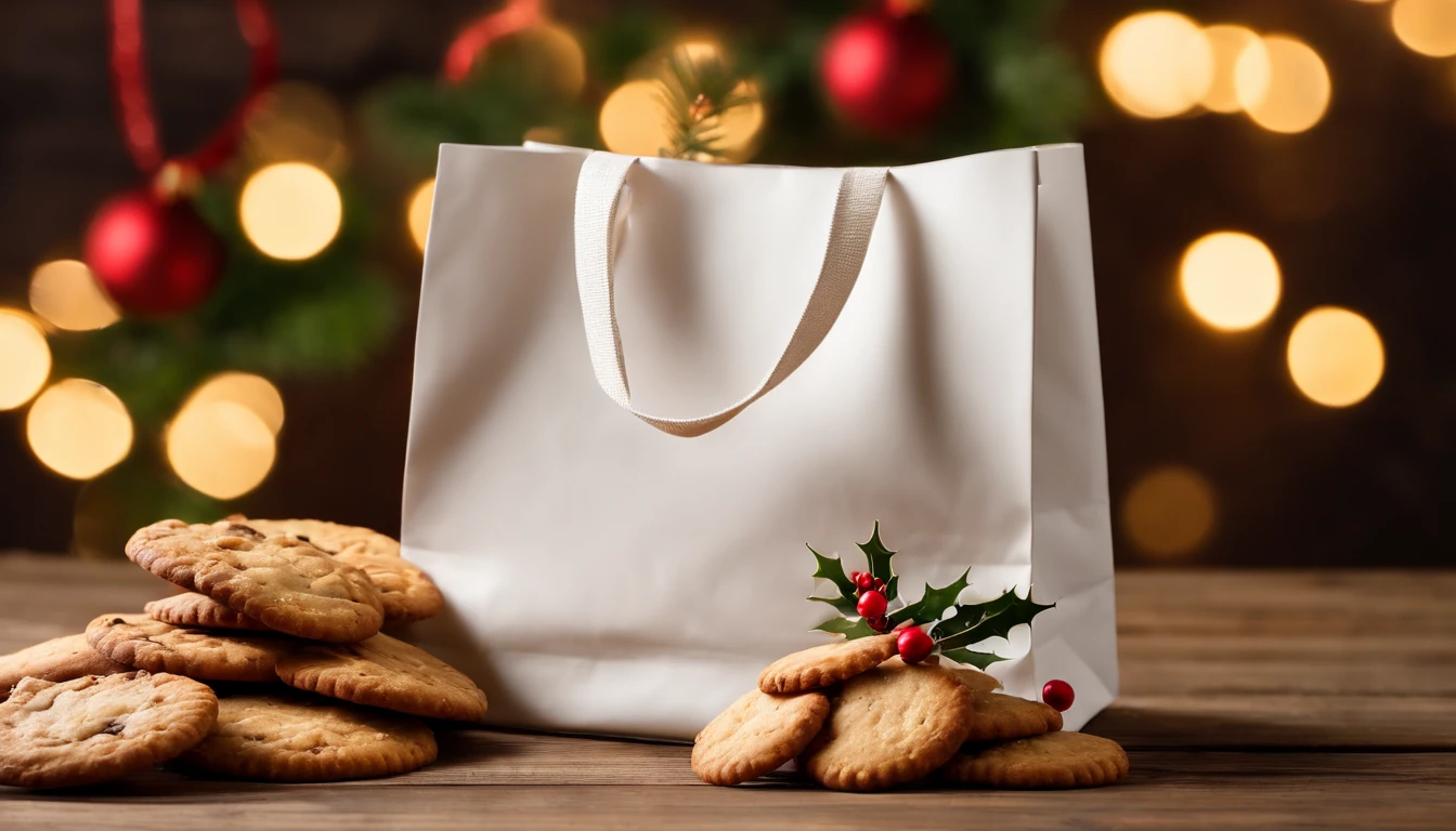 A blank white shopping bag mockup placed on a wooden table with a selection of Christmas cookies and a sprig of holly, perfect for showcasing holiday sales or promotions.