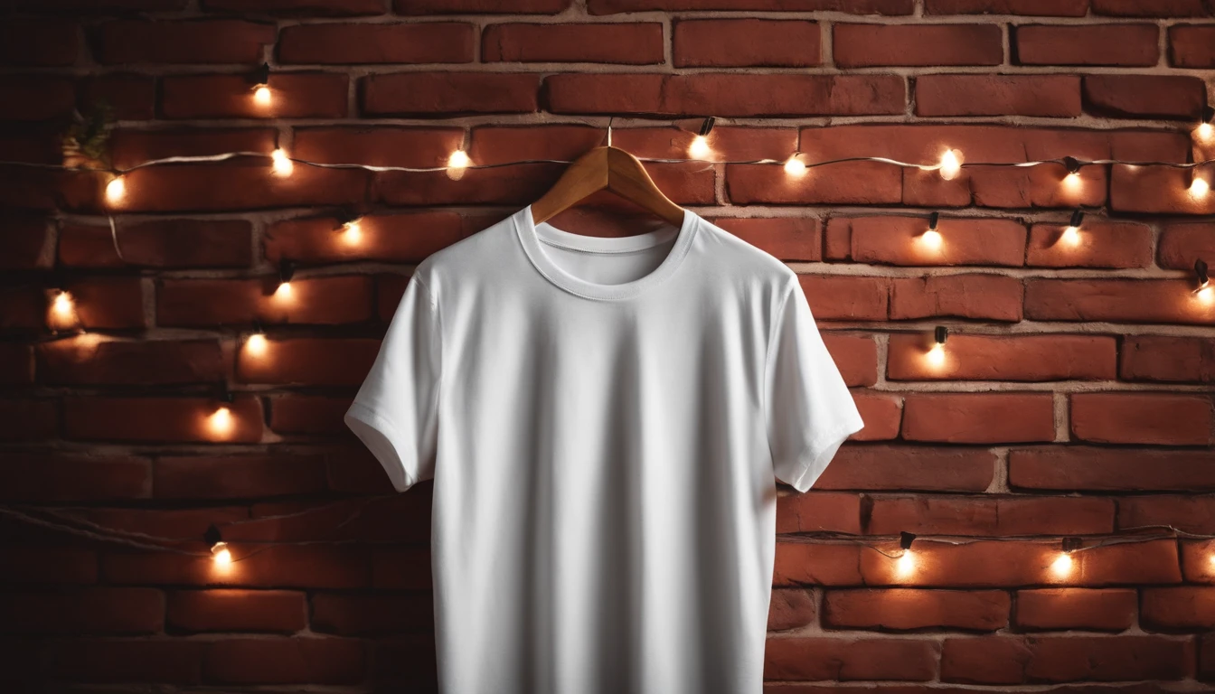 A blank white t-shirt mockup on a red brick wall with a string of fairy lights hanging diagonally across, creating a trendy and festive backdrop.