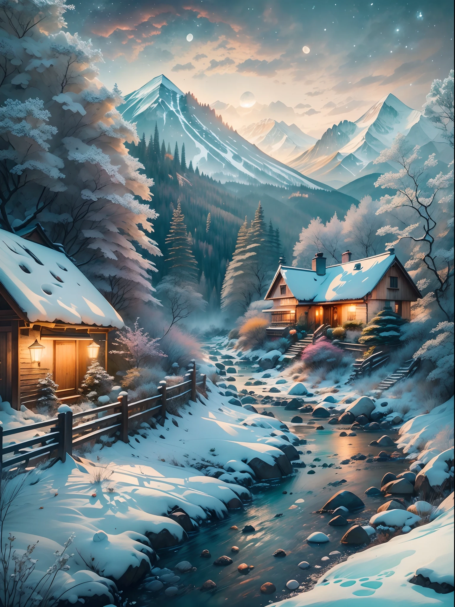 (Best quality, photo-realistic:1.2), Nature,lindo cenario， Melt snow and ice, （（（Mountain streams and flowing water，Clear stream）））,Cosy cottage，lamplight，Snowflakes fluttering， Masterpiece:1.23, Photography.