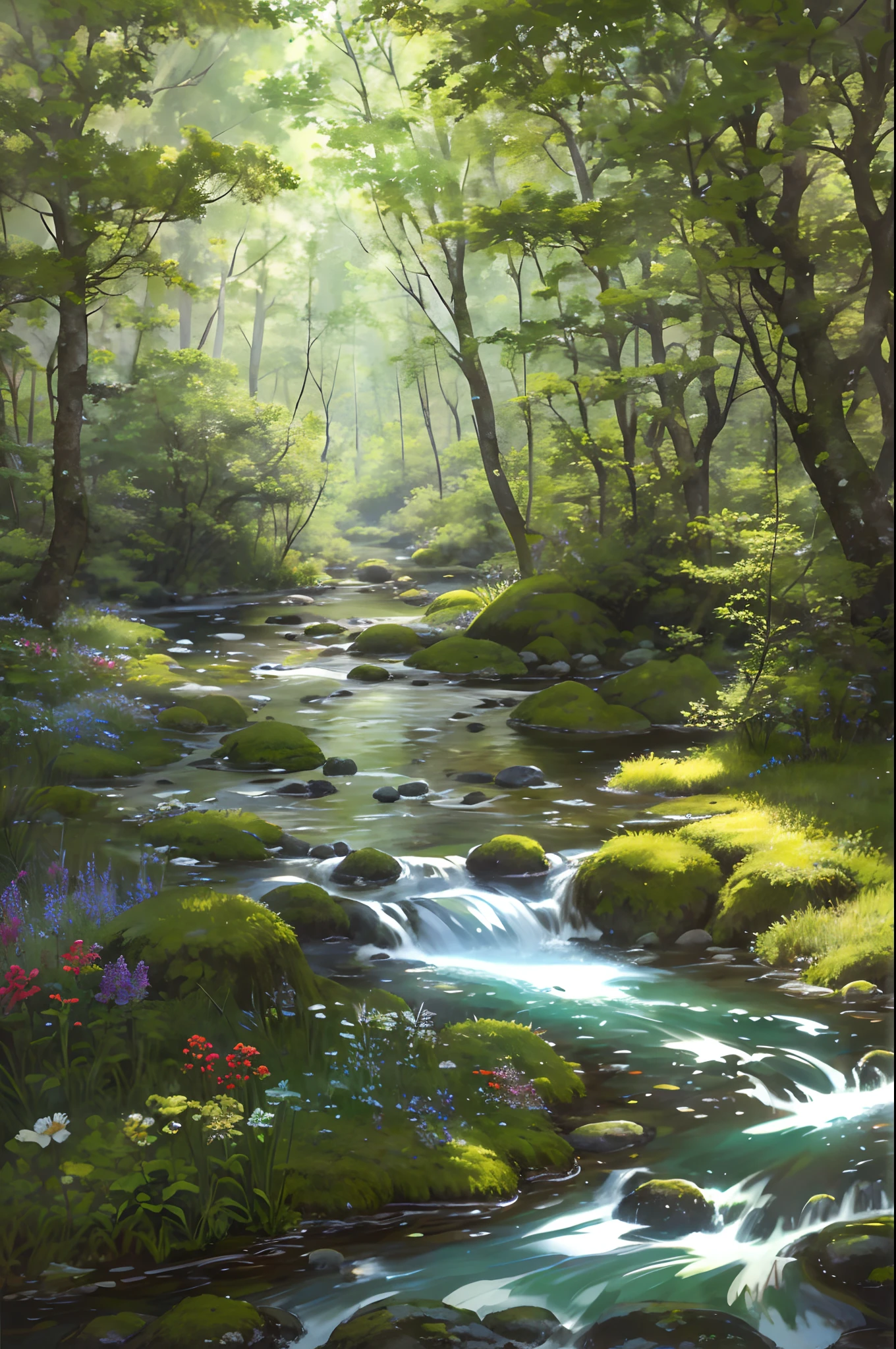 (best quality)), (no photos of people), in the forest, frogs, quiet ponds, a lot of wildflowers, streams, stones, mosses,stream,intermountain